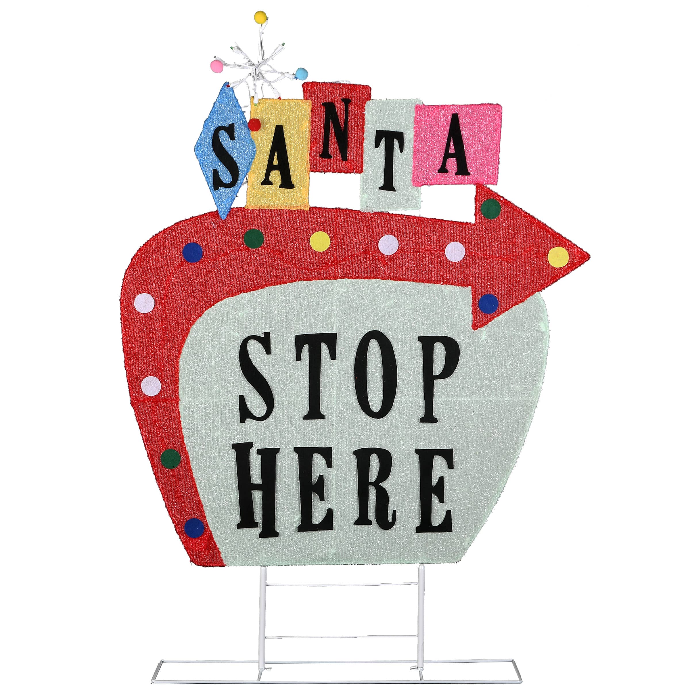 4ft. 2D Vintage Vegas Santa Stop Here Sign with Cool White, Warm White & Red Flowing UL LED Lights