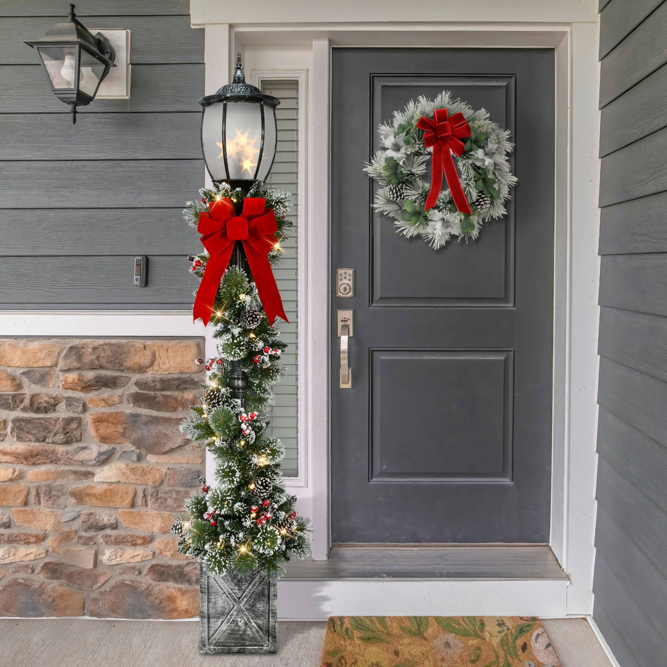 7ft. Pre-Lit Potted Lamp Post with Warm White LED Lights