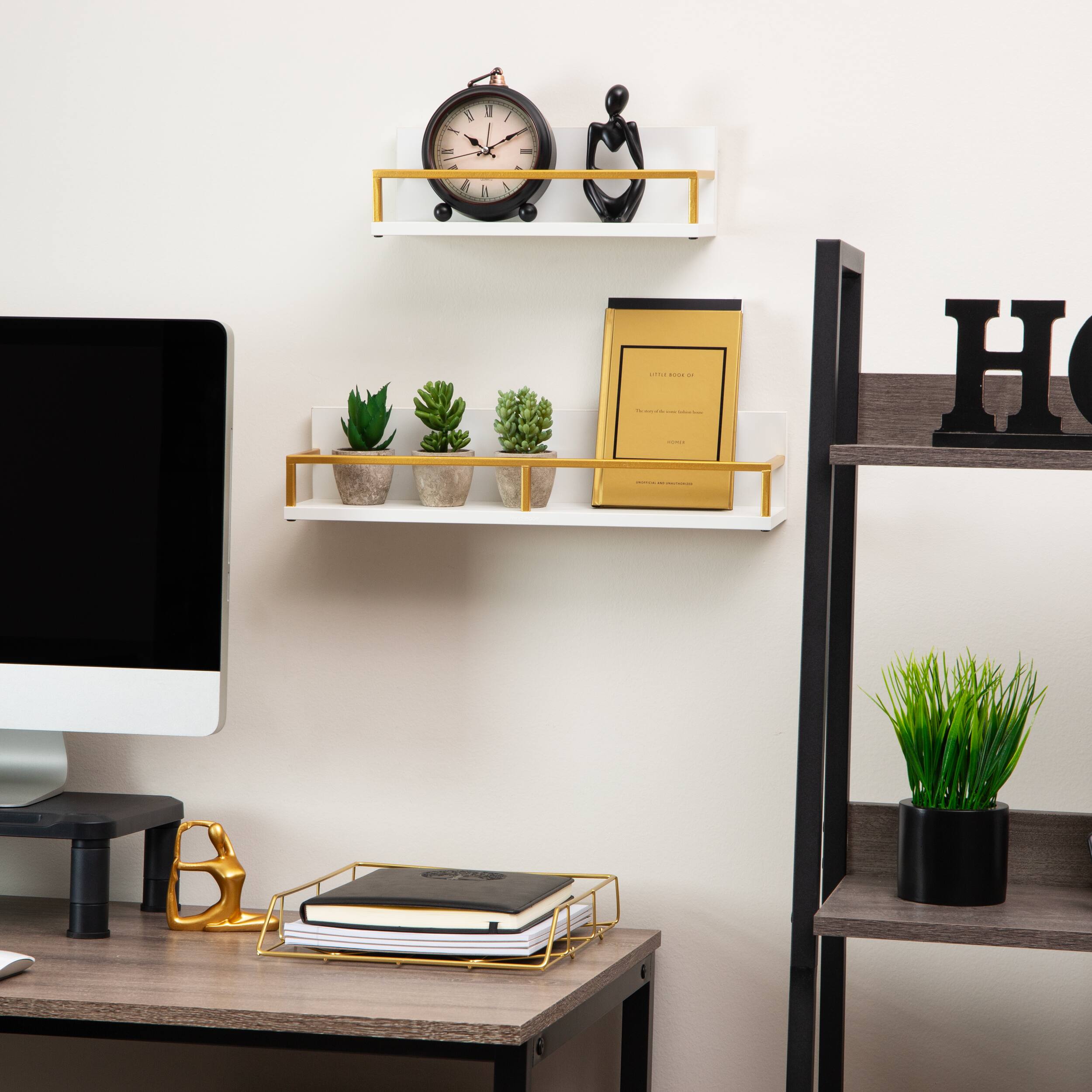 Mind Reader Floating Shelves, Wall-Mounted Office Organizers, Modern MDF Display Storage with Metal Rail, Metal. MDF, Set of 2, White