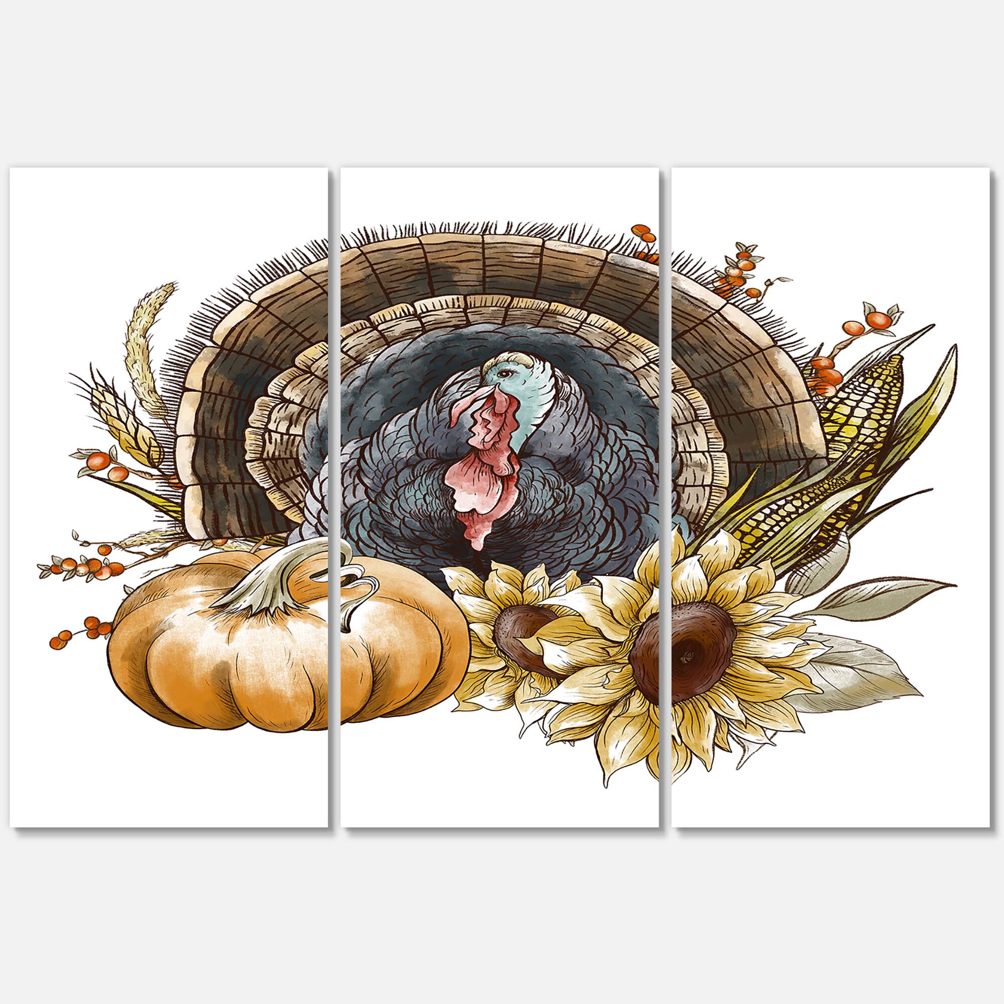 Designart - Thanksgiving Vintage Turkey Sunflowers and Pumpkin - Farmhouse Canvas Wall Art Print