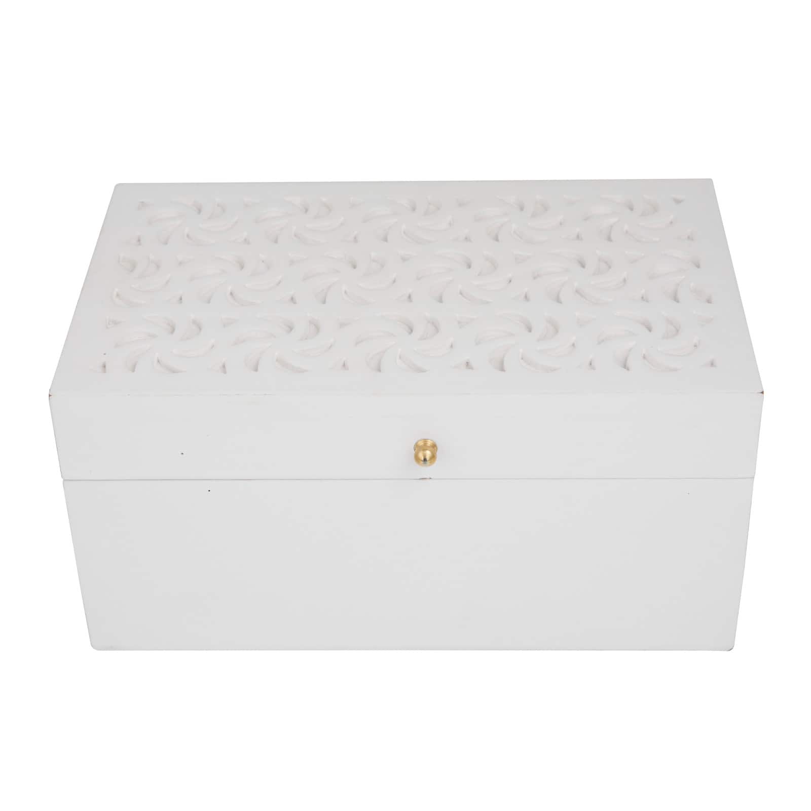 White Wood Intricate Carved Box with Hinged Lid Set