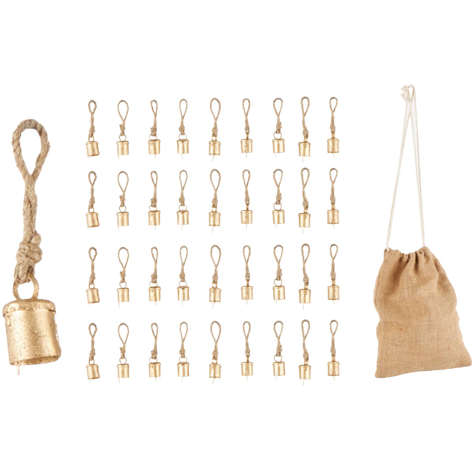 Gold Metal Tibetan-Inspired Decorative Bells with Brown Jute Rope & Canvas Drawstring Tote Set