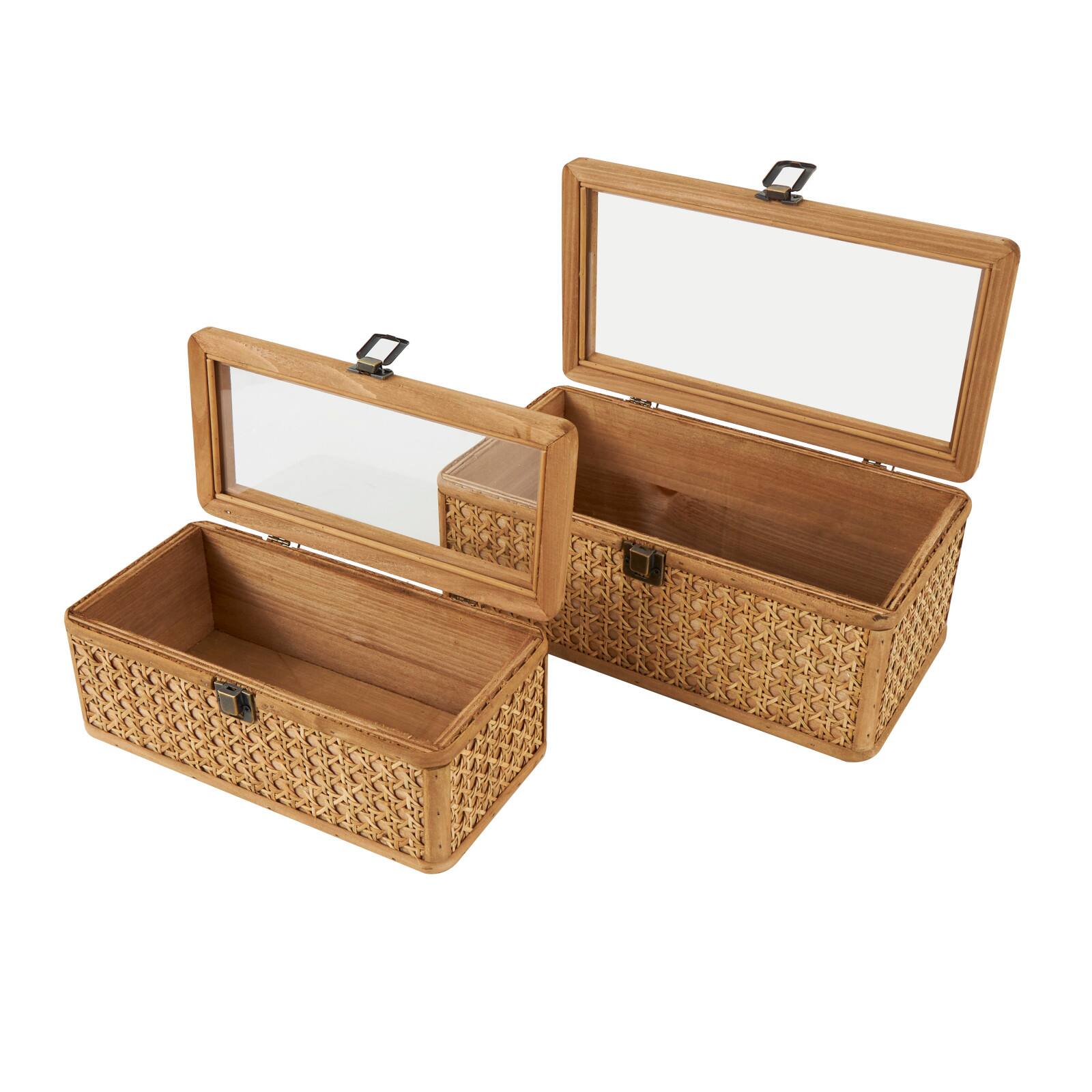 Brown Handmade Woven Rattan Box with Glass Top Set