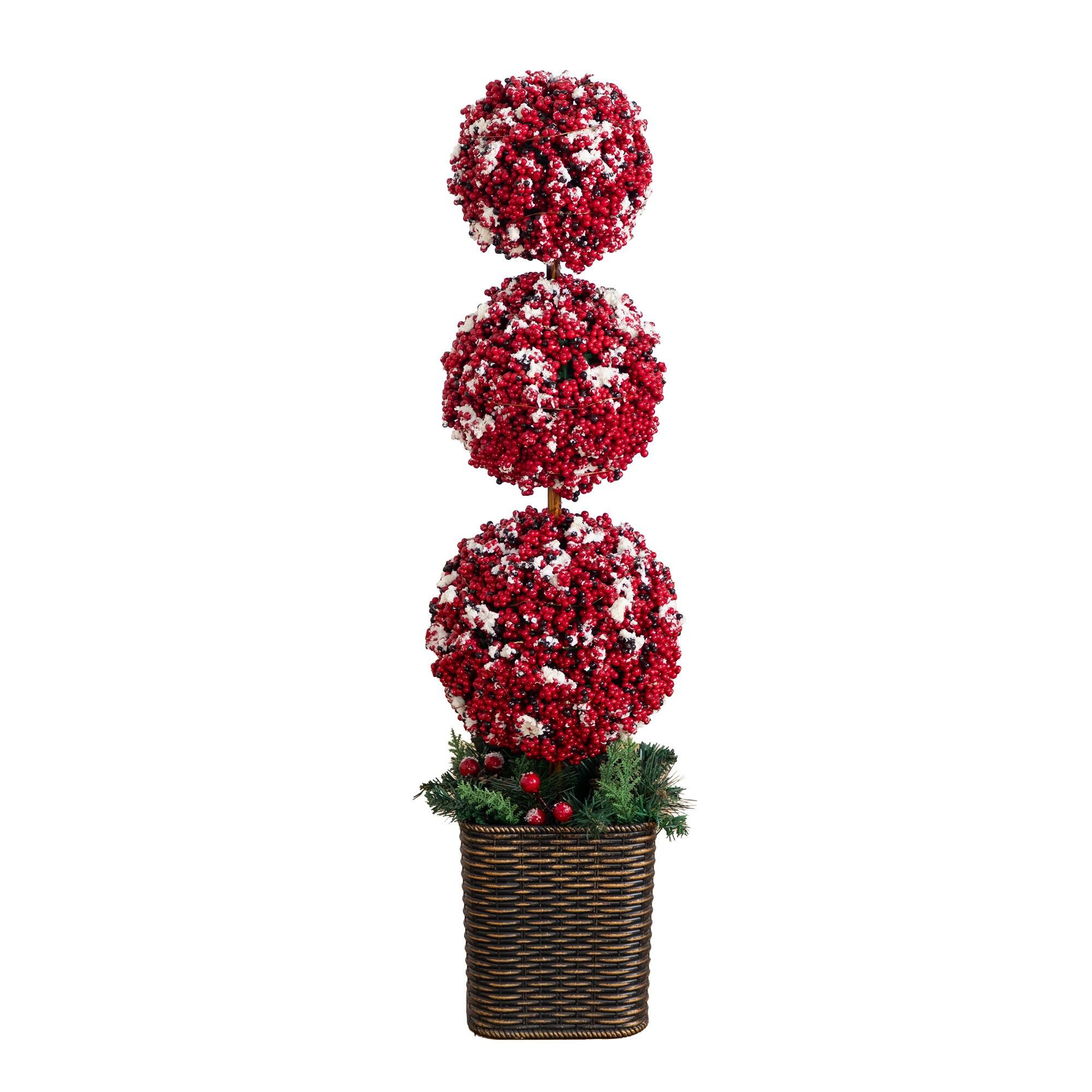 Nearly Natural 31" Artificial Christmas Snowed Holly Berry Triple Ball Topiary Tree in Decorative Planter