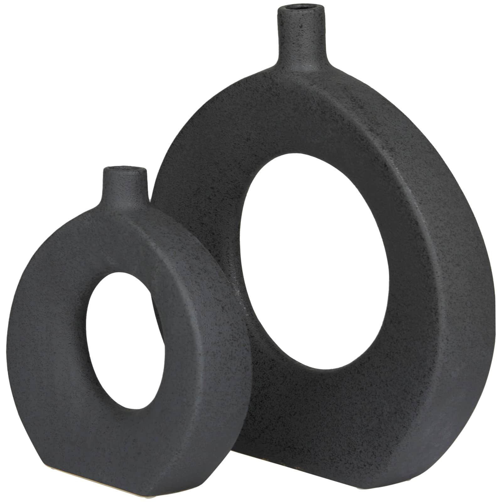 CosmoLiving by Cosmopolitan Black Ceramic Round Donut Shaped Vase Set of 2 15", 10"
