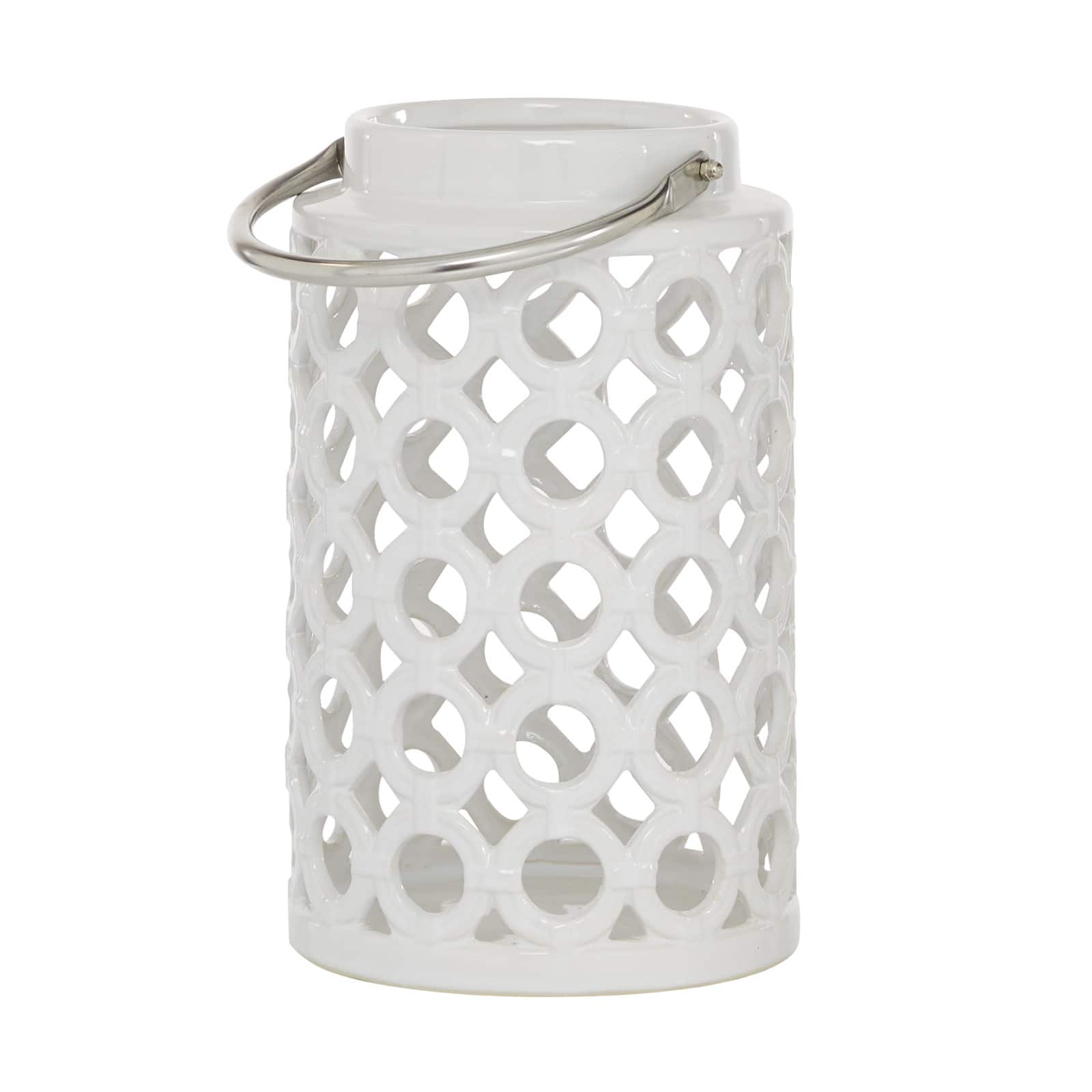 White Ceramic Contemporary Candle Holder Lantern, 11" x 7" x 8"