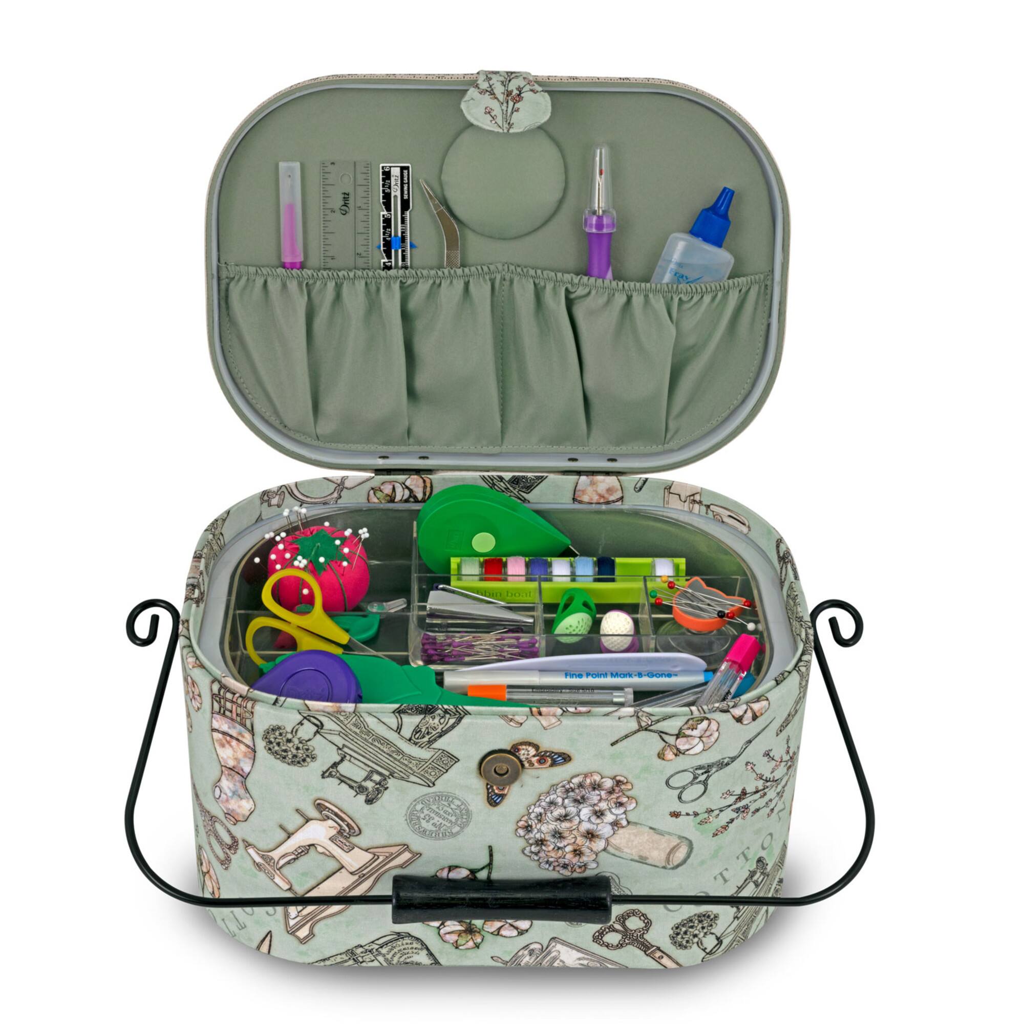 Dritz® Green Sewing Print Small Oval Sewing Basket With Metal Handle