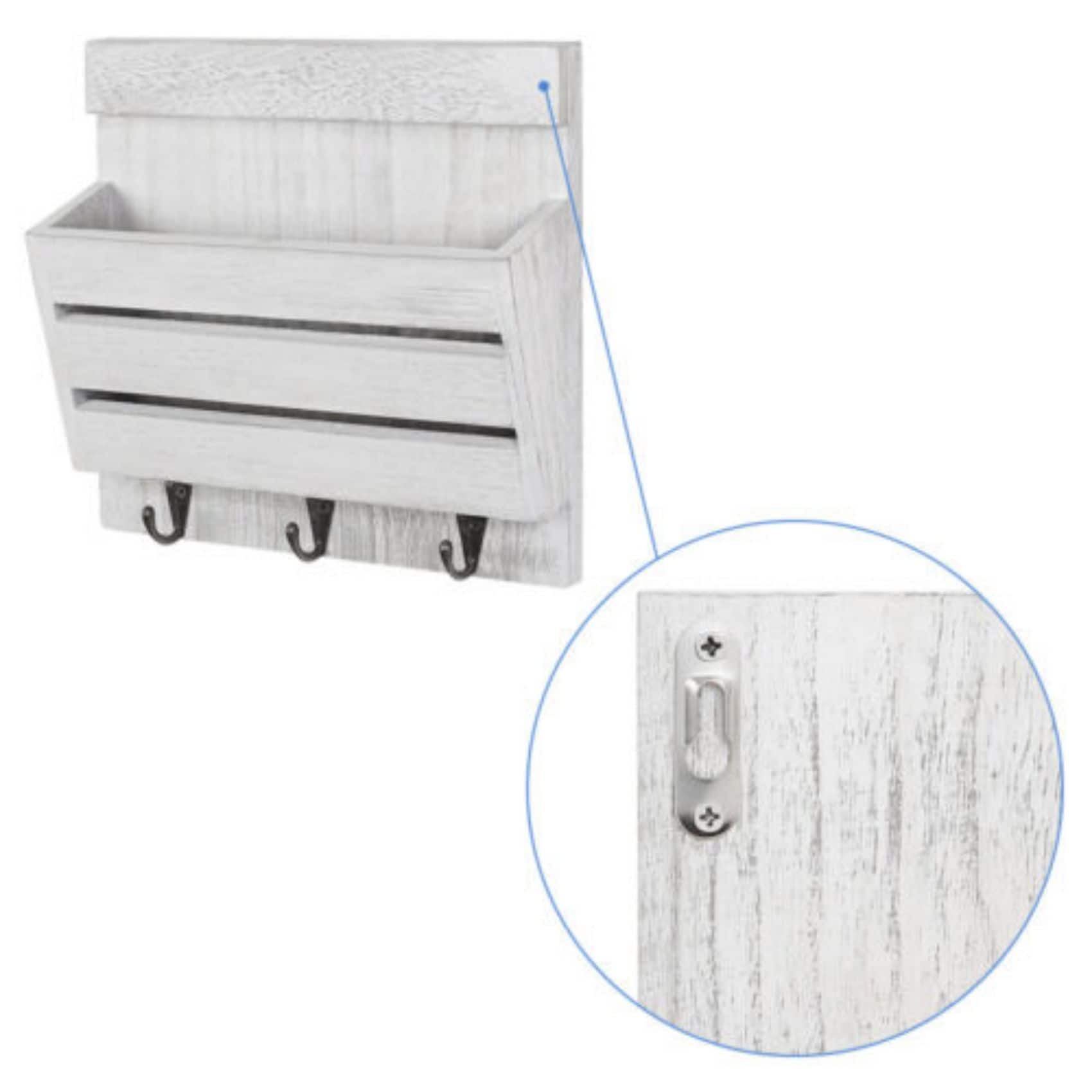 NEX™ 10" Rustic White Gray Wood Wall-Mounted Mail & Key Holder Organizer with 3 Key Hooks