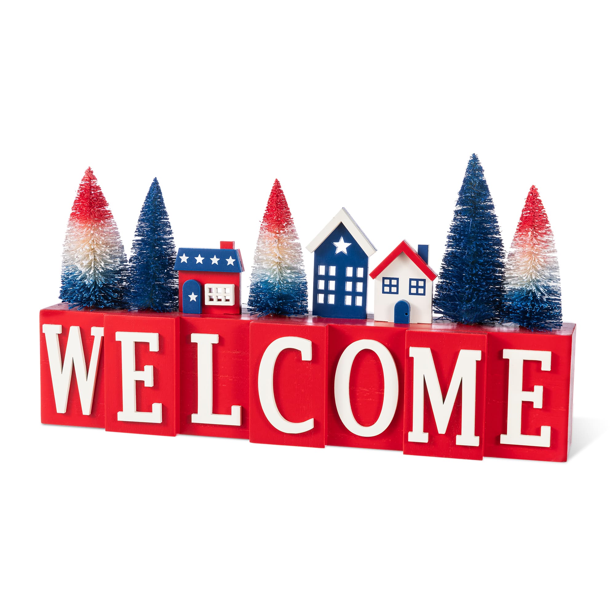 Glitzhome® 14" Patriotic Americana Wooden House & Brush Trees Table Decor