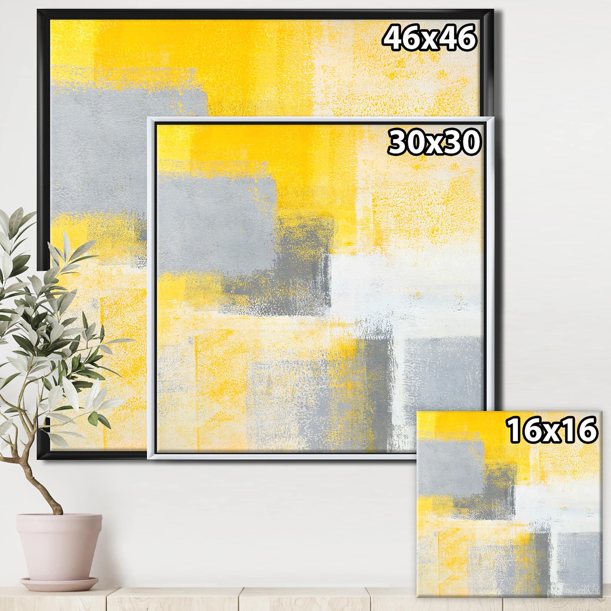 Designart - Grey and Yellow Blue Abstract IXX - Modern Framed Canvas Wall Art Print