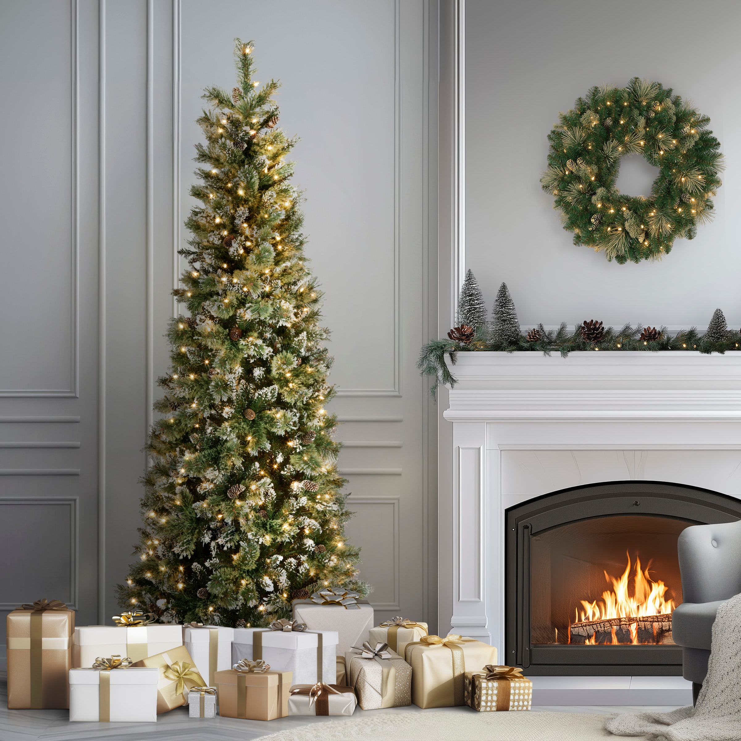 7.5ft. Pre-Lit Glittery Bristle® Slim Pine Artificial Christmas Tree, Clear Lights