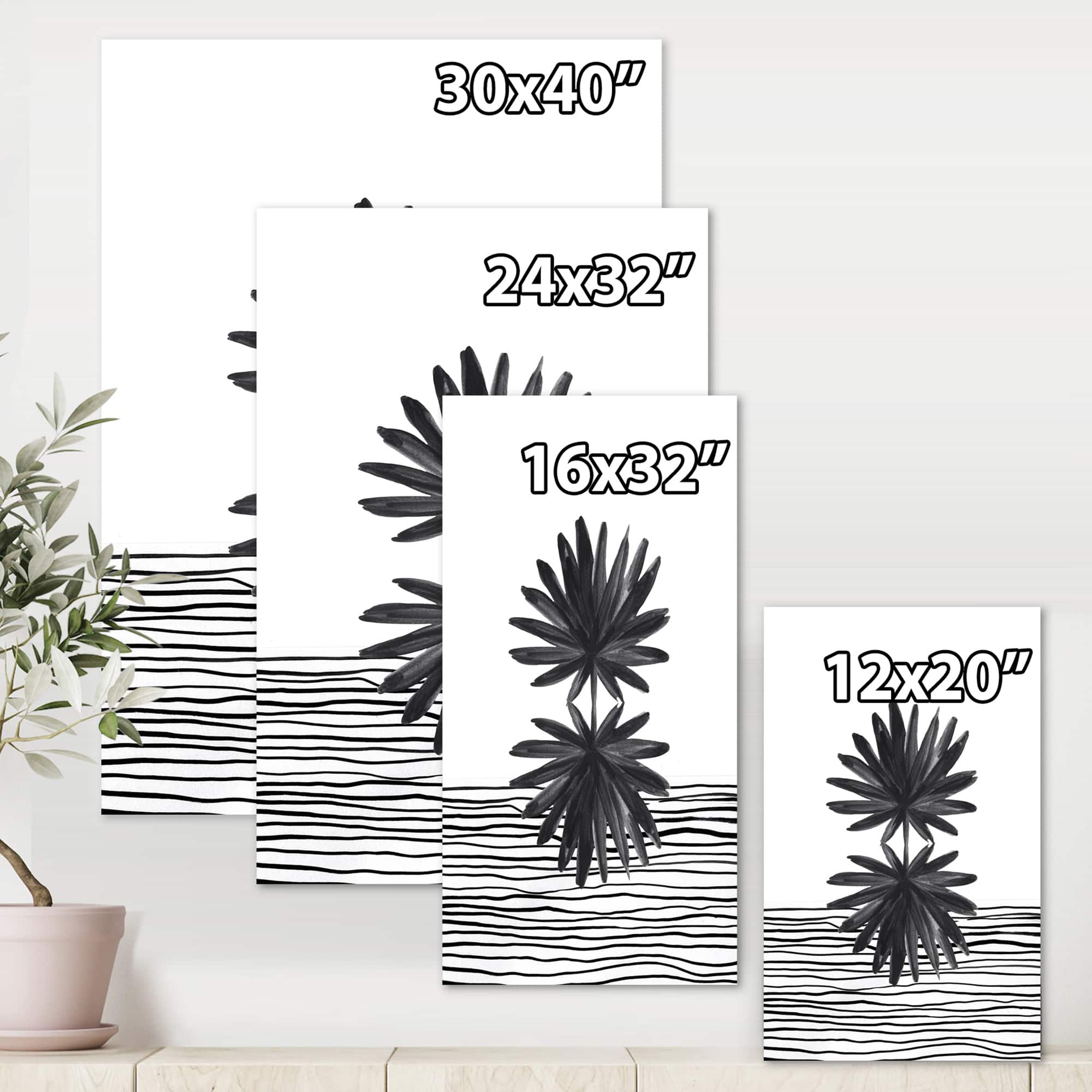 Designart - Black and White Tropical Leaf On Striped II - Modern Canvas Wall Art Print