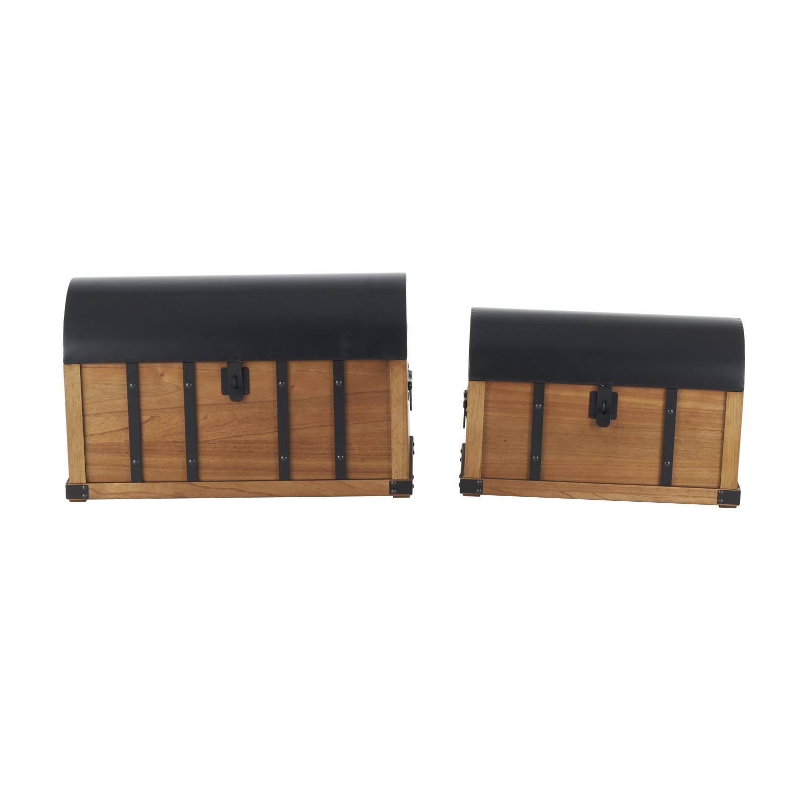 Brown Studded Storage Trunk with Black Metal Arched Tops & Vertical Strips Set