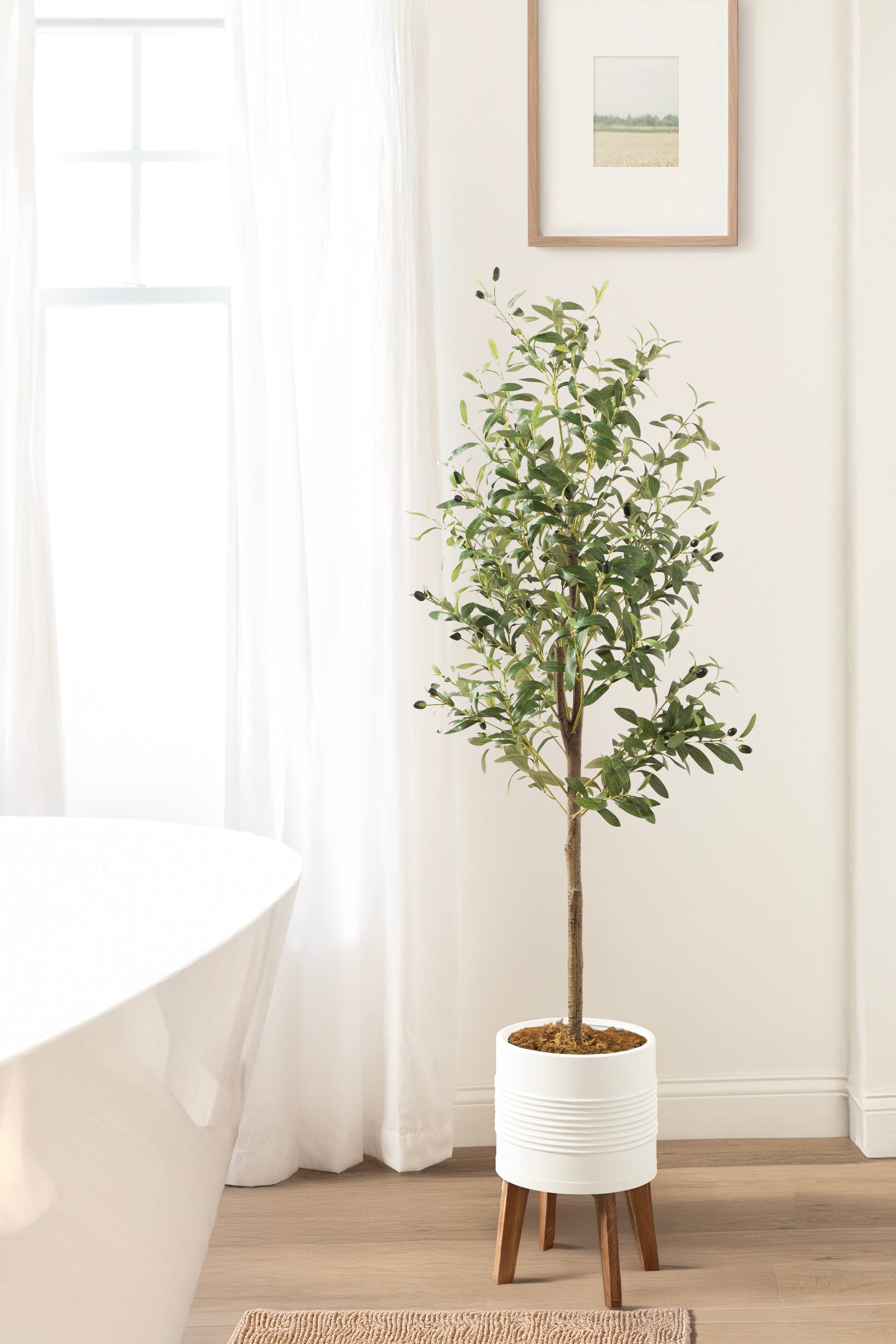 Kate and Laurel 5ft. Green Oliveira Faux Olive Tree in White Planter
