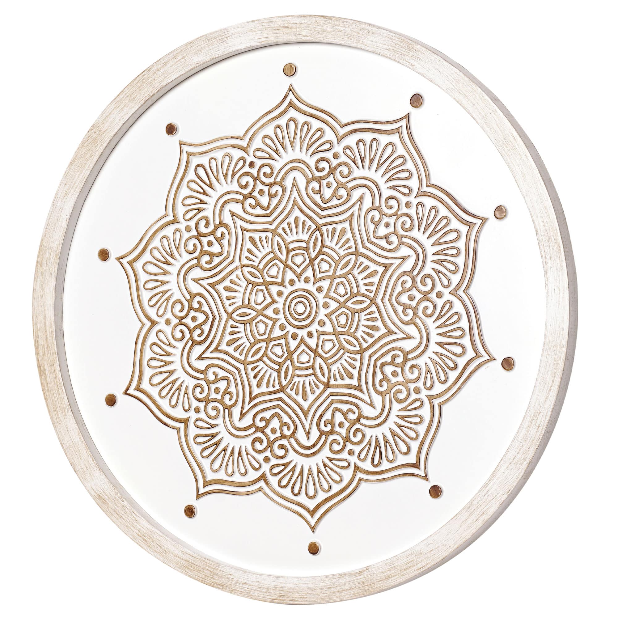 American Art Décor™ 17" White and Brown Boho Farmhouse Wood Framed Wall Medallion