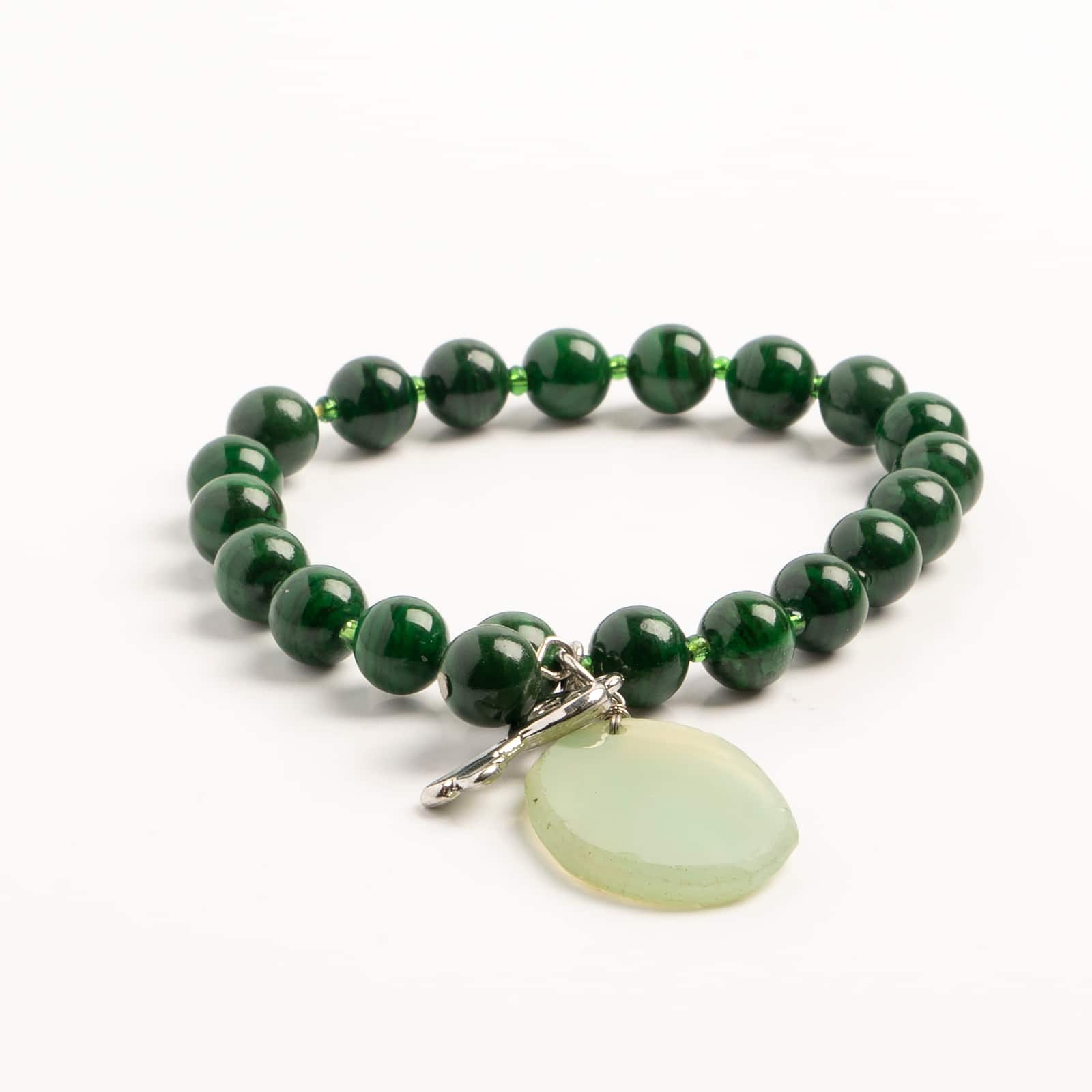 John Bead Malachite Natural Stone Stretch Bracelet with Agate & Key Charm