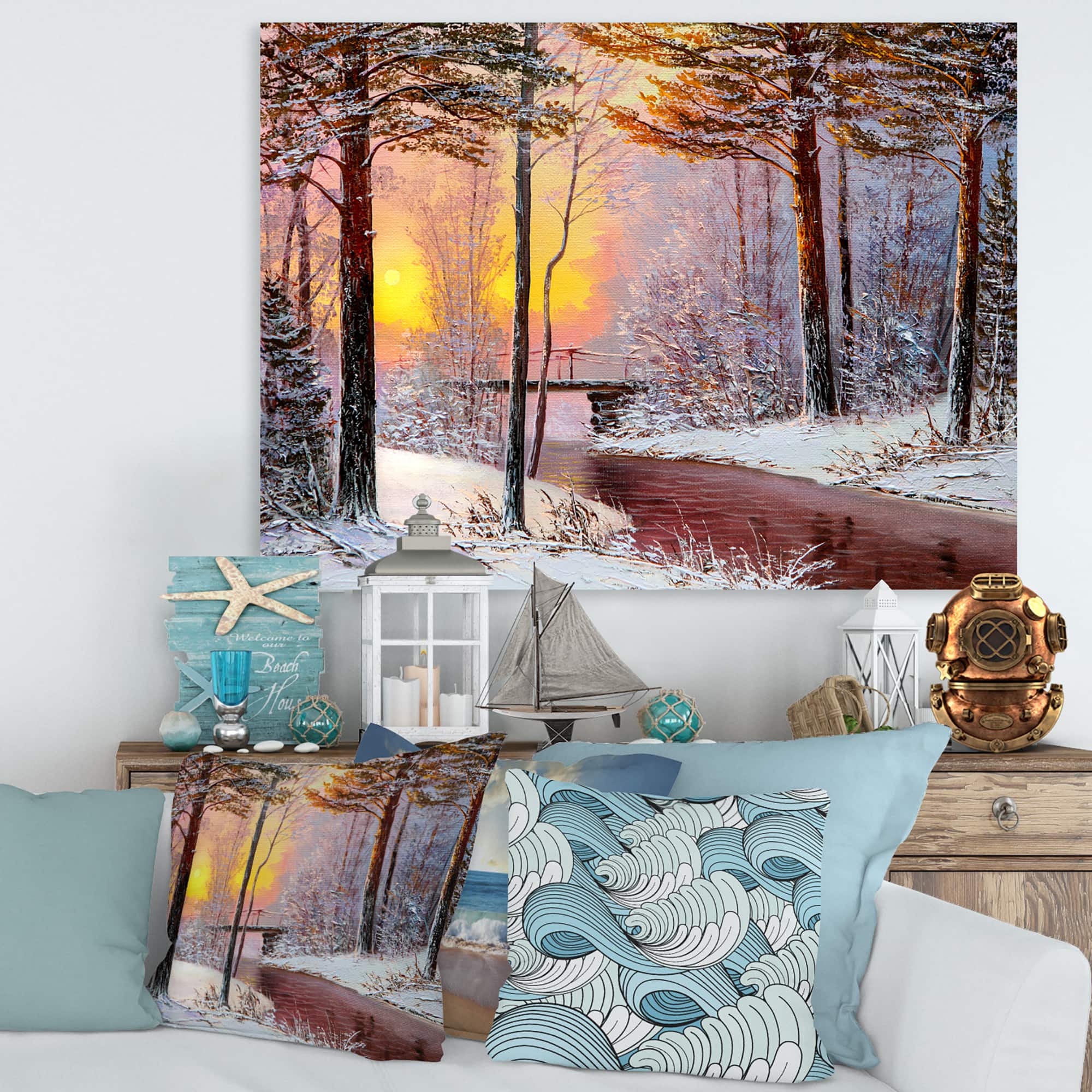 Designart Christmas Forest with River & Trees IV Traditional Canvas Wall Art