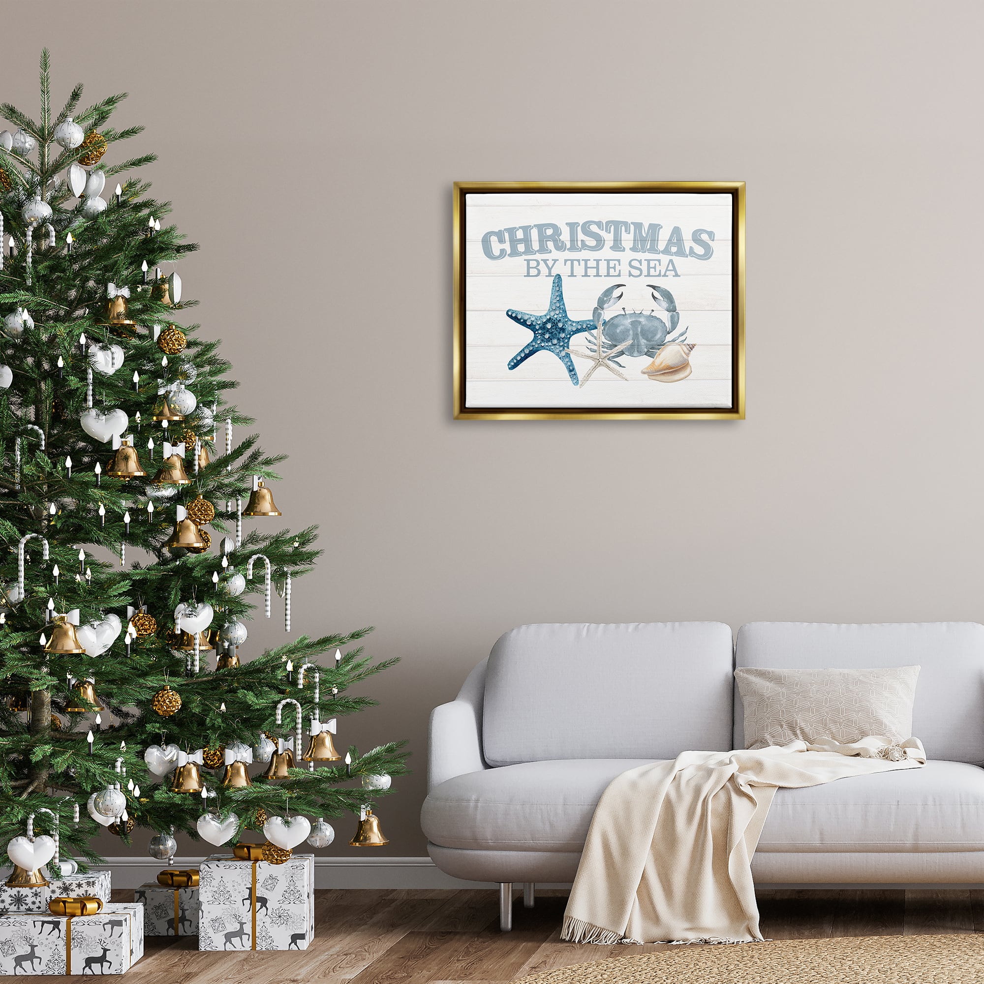 Stupell Industries Christmas By The Sea Nautical Framed Floater Canvas Wall Art