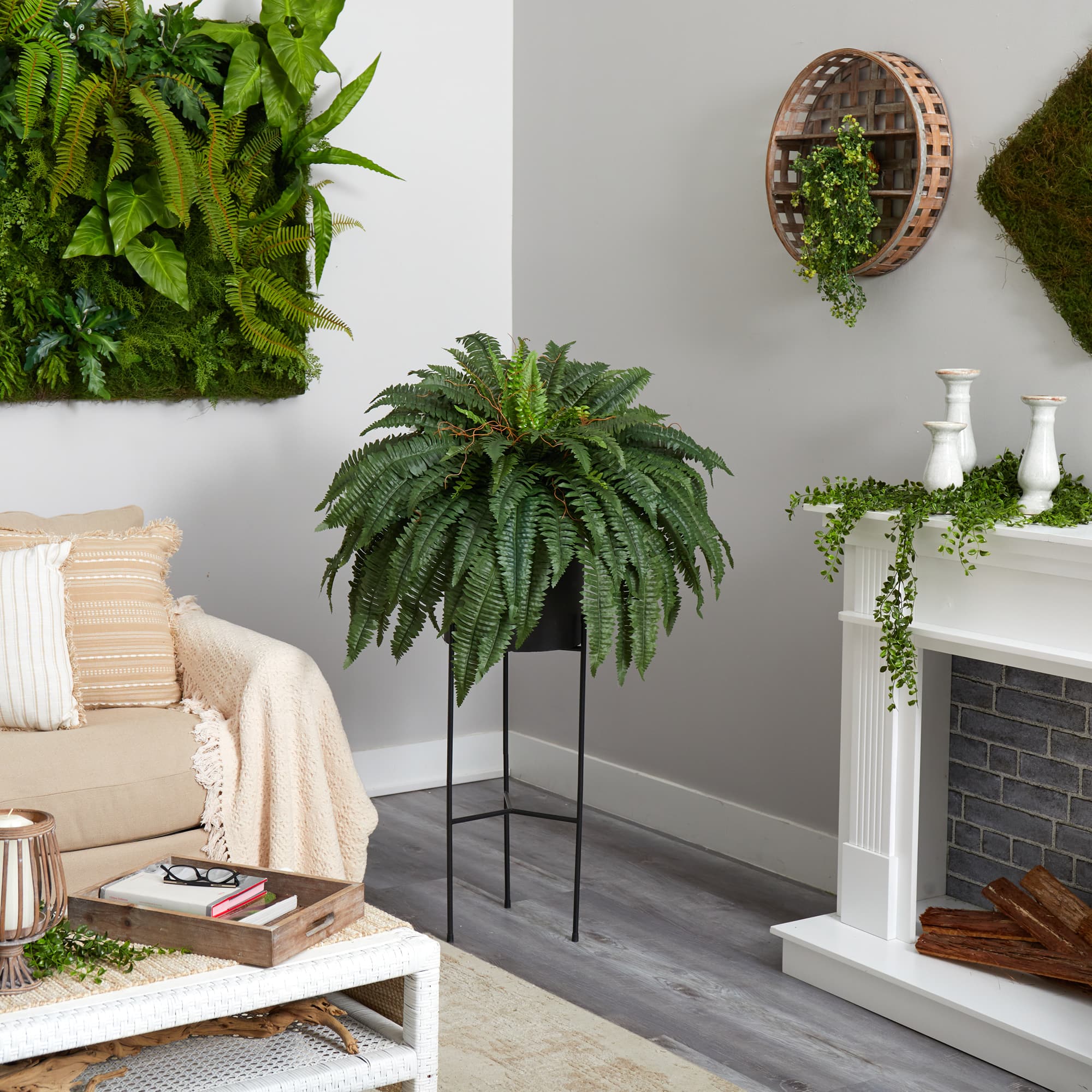 51" Boston Fern Plant in Black Planter with Stand