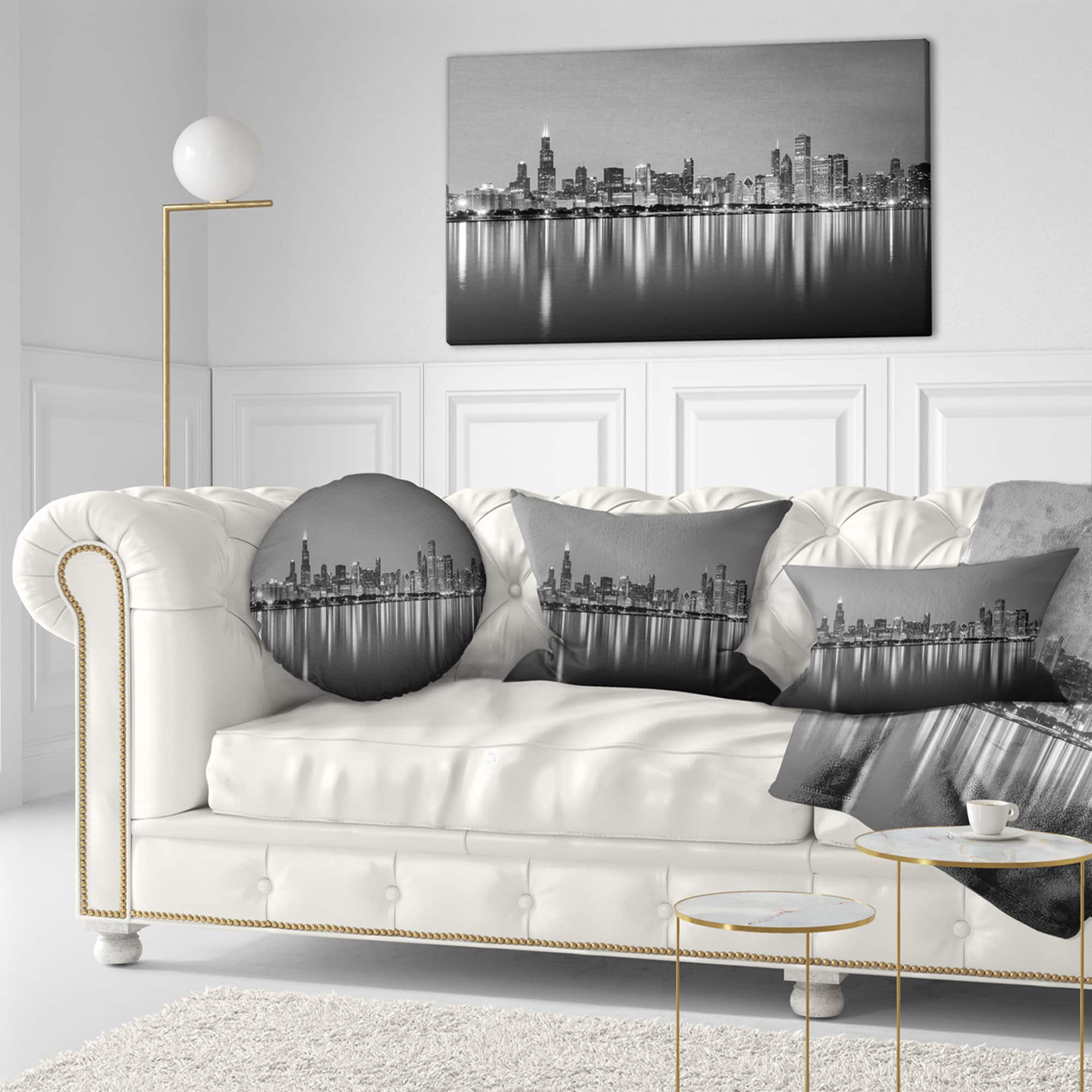 Designart - Chicago Skyline at Night Black and White - Cityscape Canvas Print