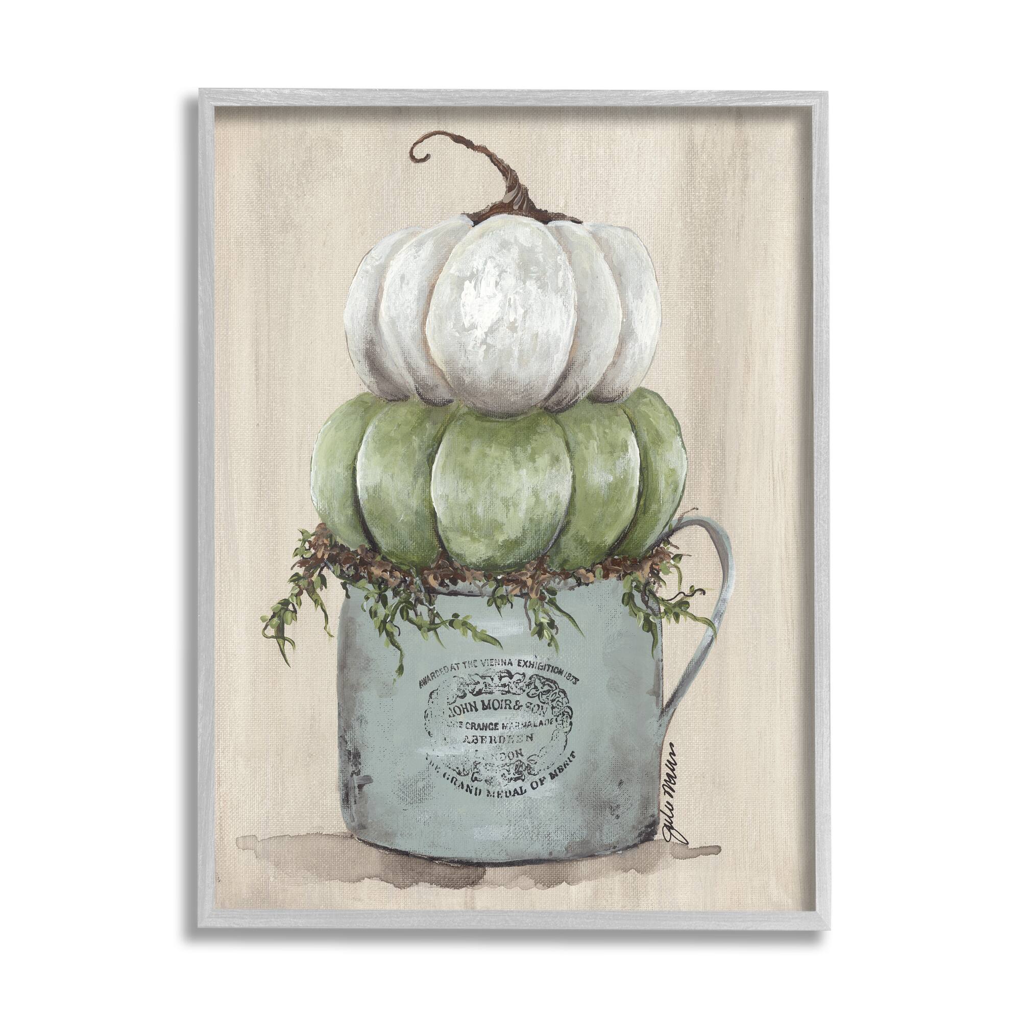 Stupell Industries Green White Harvest Pumpkins Country Jar Planter Framed Giclee Art