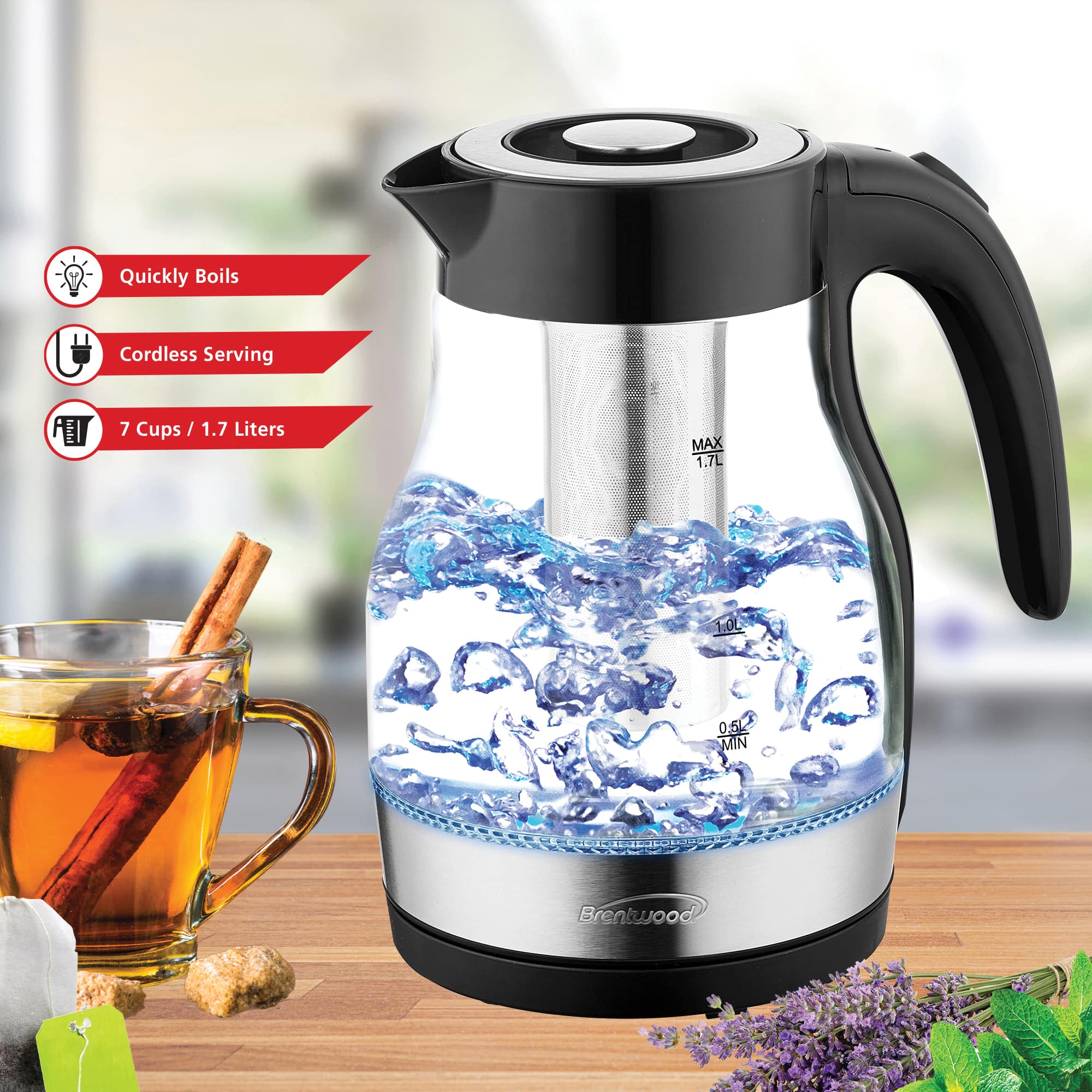 Brentwood 1.79qt. Cordless Glass Electric Kettle with Tea Infuser and Swivel Base