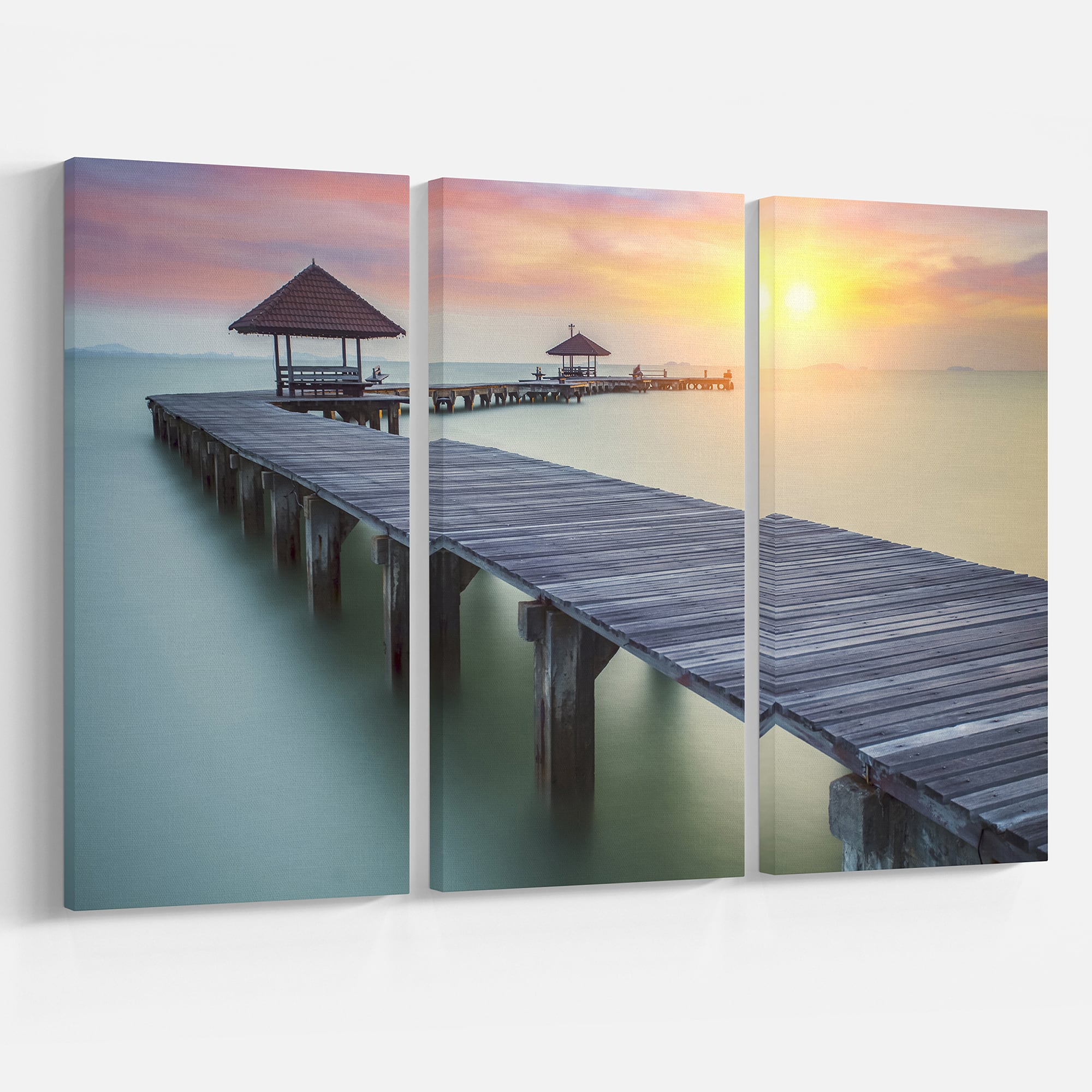 Designart - Wooden Sea Bridge and Sunset - Seashore Photo Canvas Print
