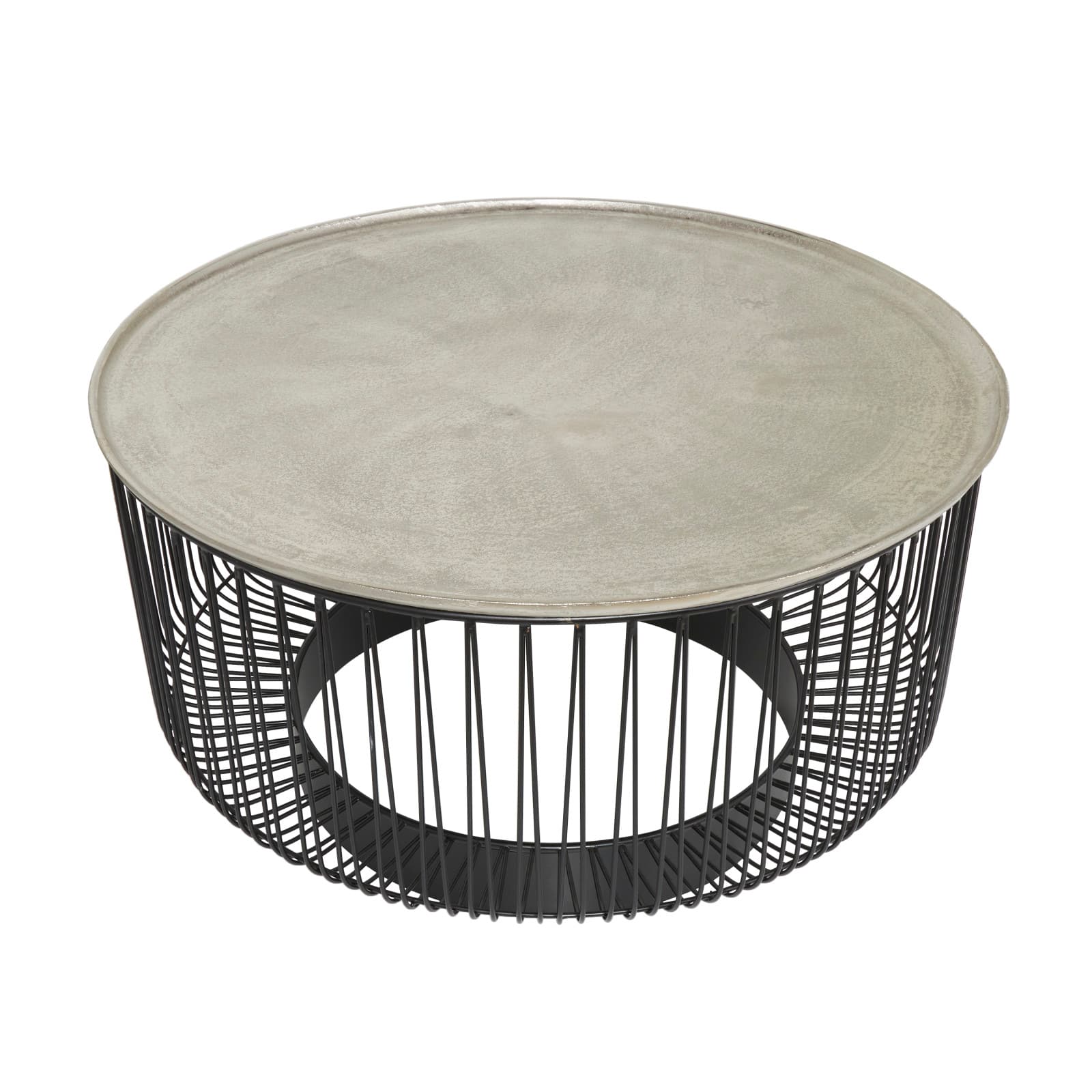 30" Black Metal Open Frame Wire Geometric Coffee Table with Silver Aluminum Top