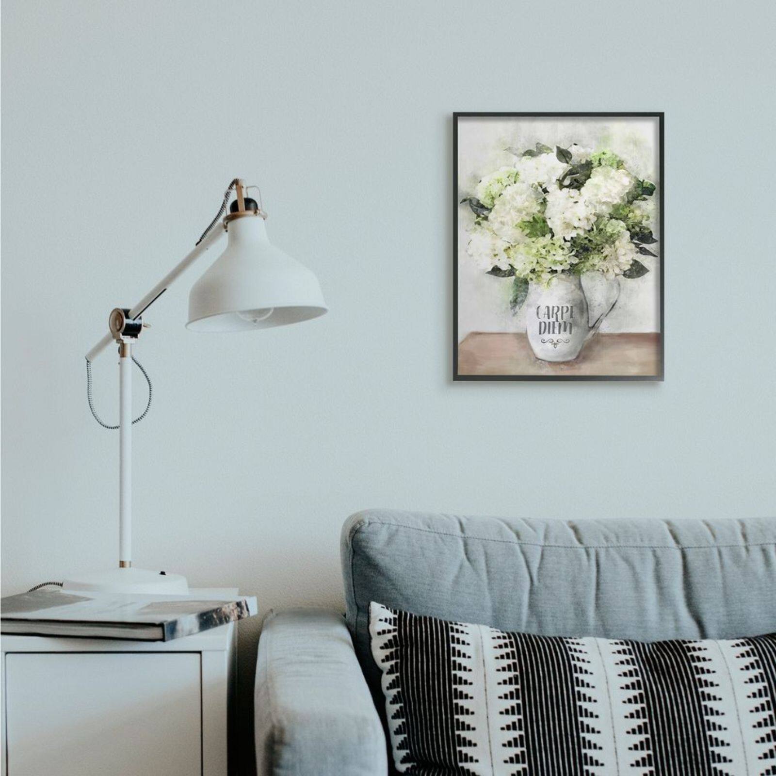 Stupell Industries Carpe Diem with White Hydrangea Bouquet Framed Wall Art