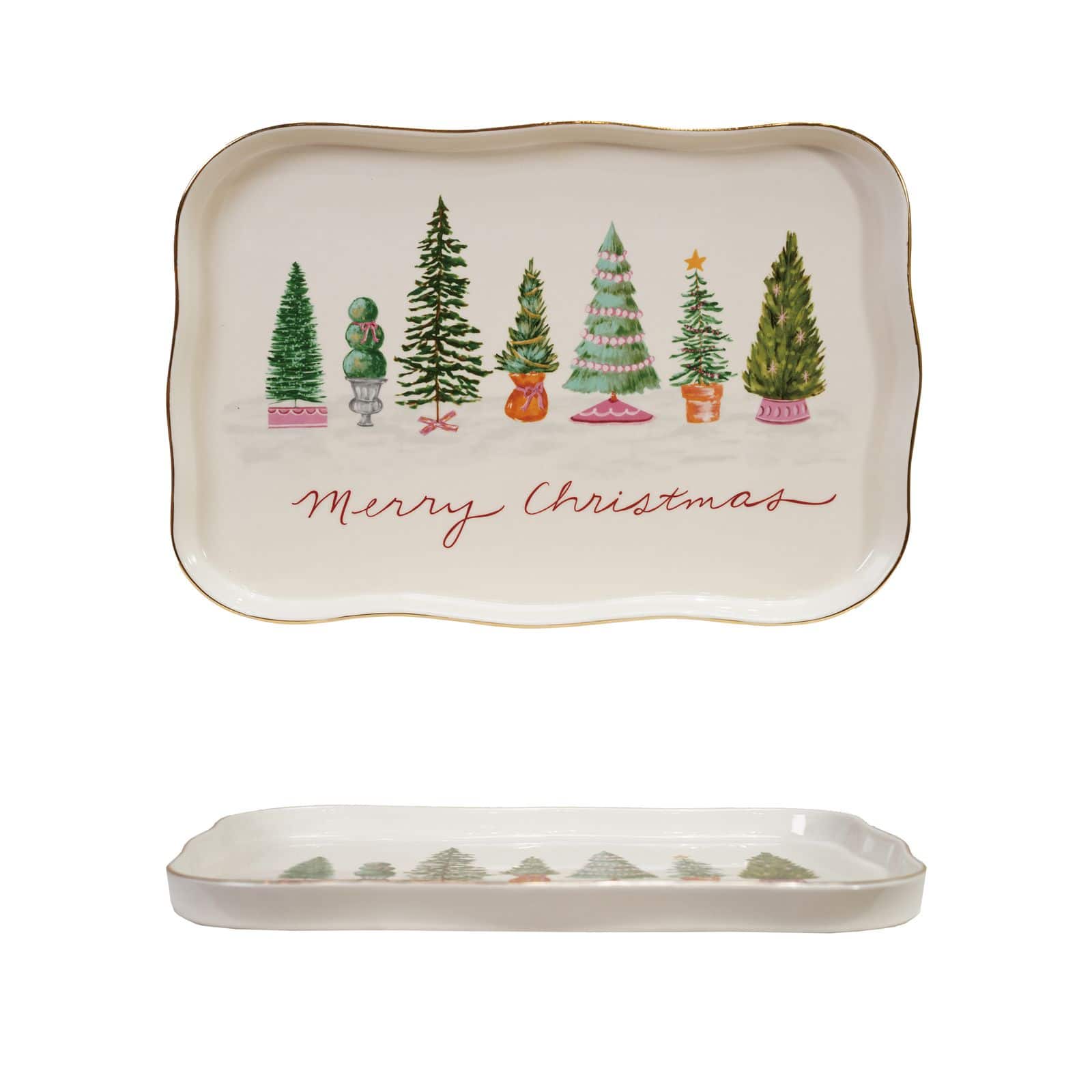 Hello Honey® Stoneware Scalloped Platter with Trees & Gold Electroplating