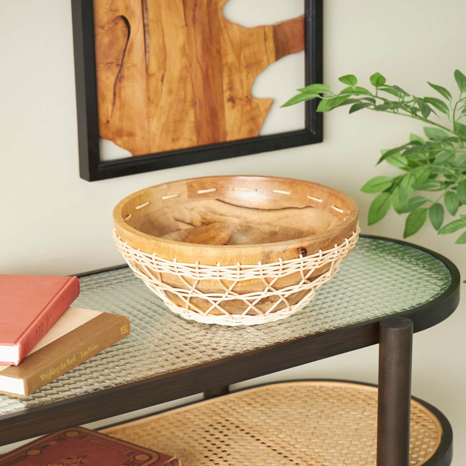 12" Brown Mango Wood Handmade Decorative Bowl with Woven Rope Accents