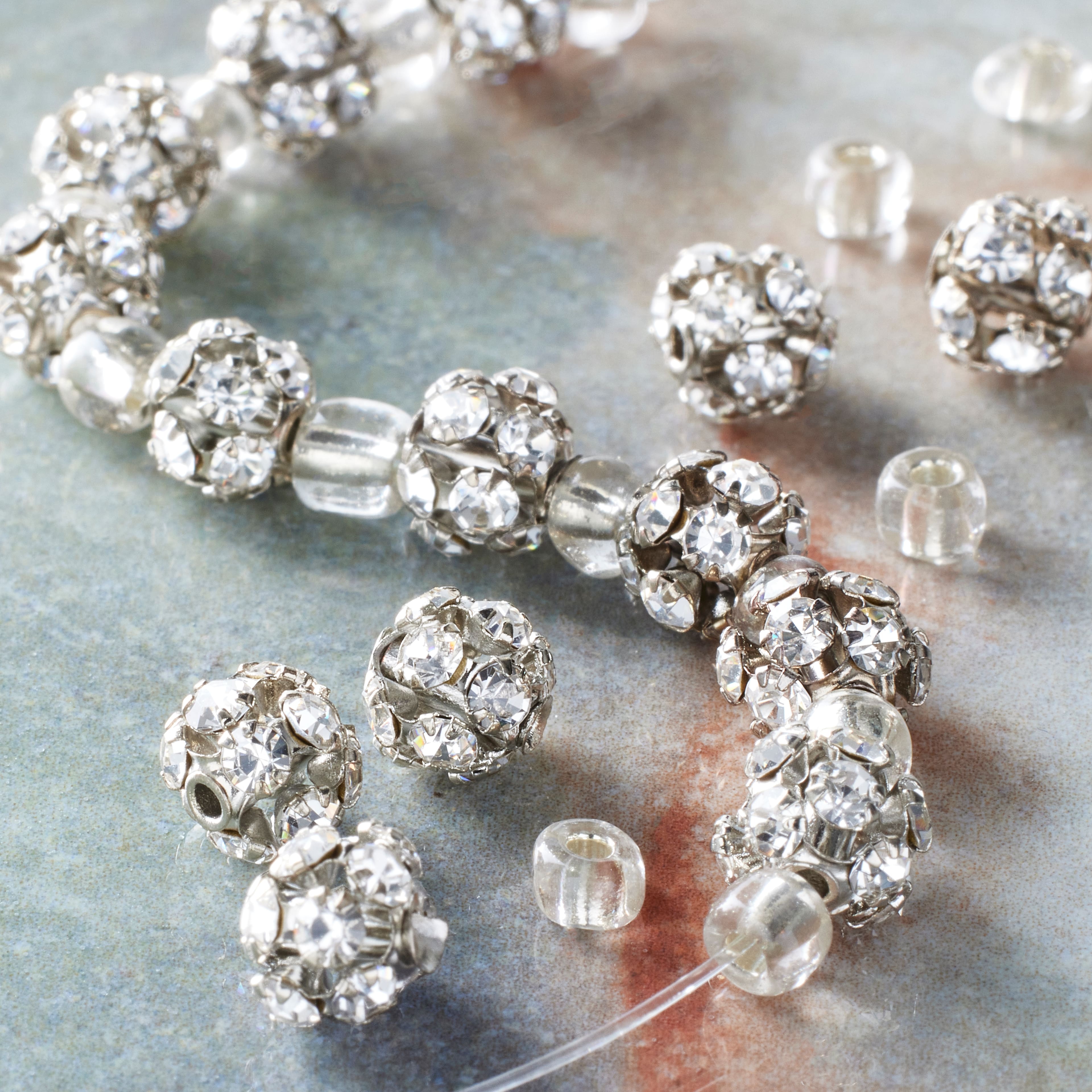 Rhodium with Clear Rhinestone Studded Round Beads, 6mm by Bead Landing™
