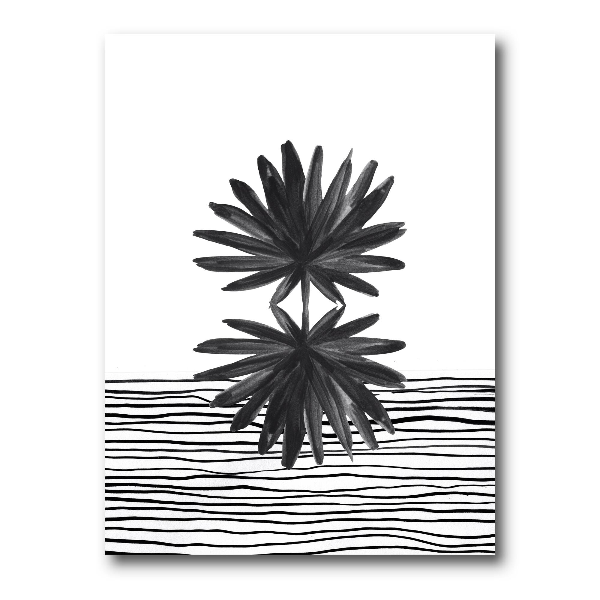 Designart - Black and White Tropical Leaf On Striped II
