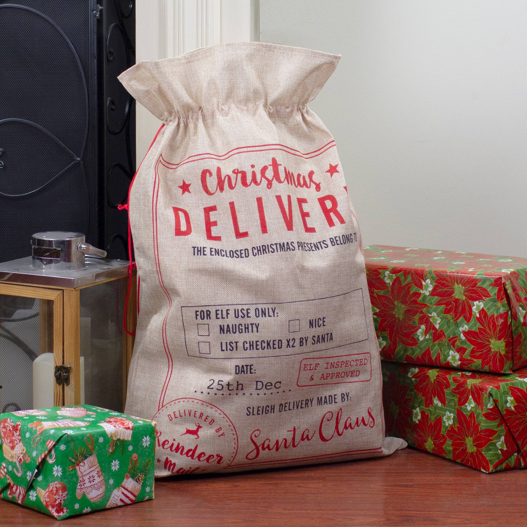 27" Beige & Red Christmas Delivery Tie Gift Bag