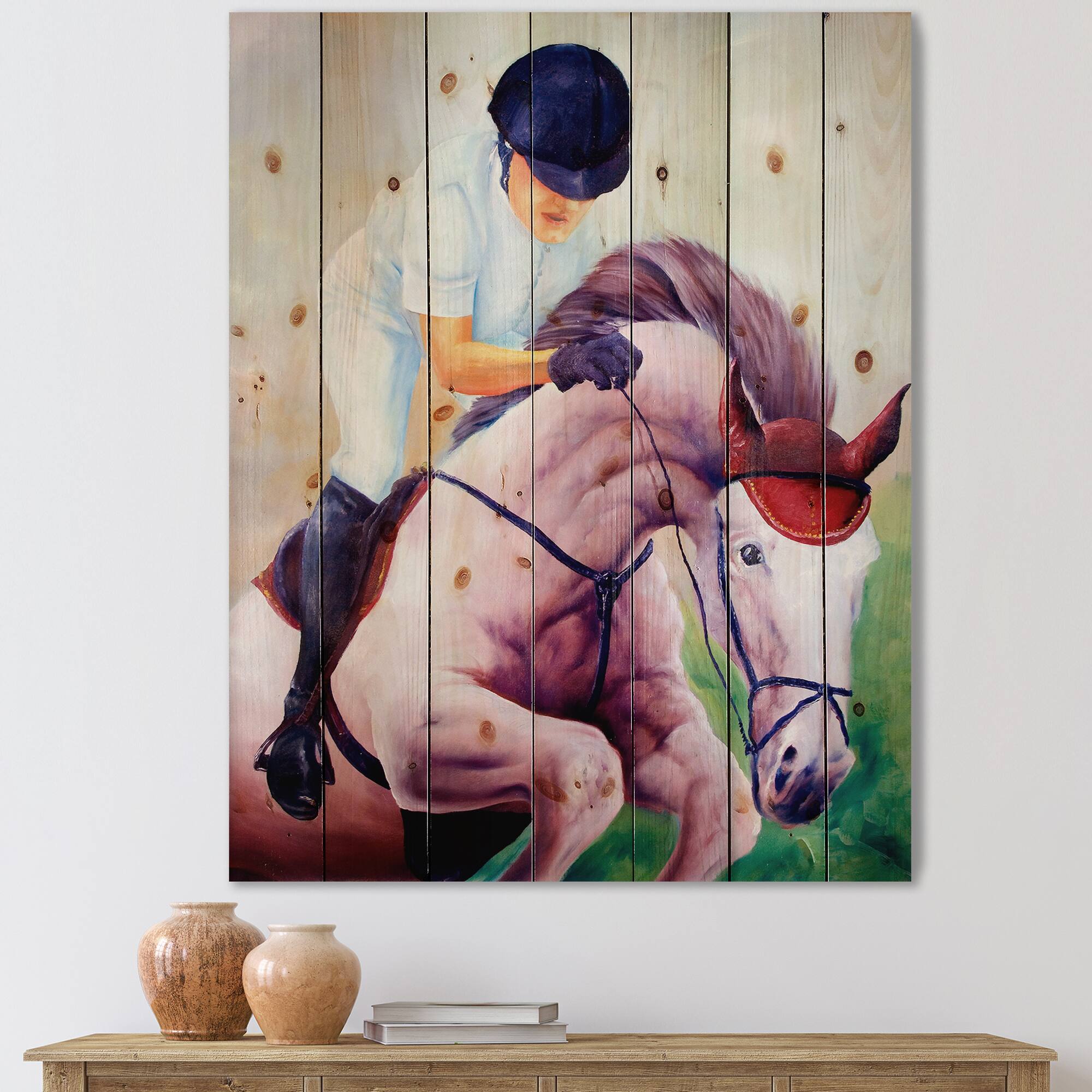 Designart - Jockey On Galoping Horse - Farmhouse Print on Natural Pine Wood