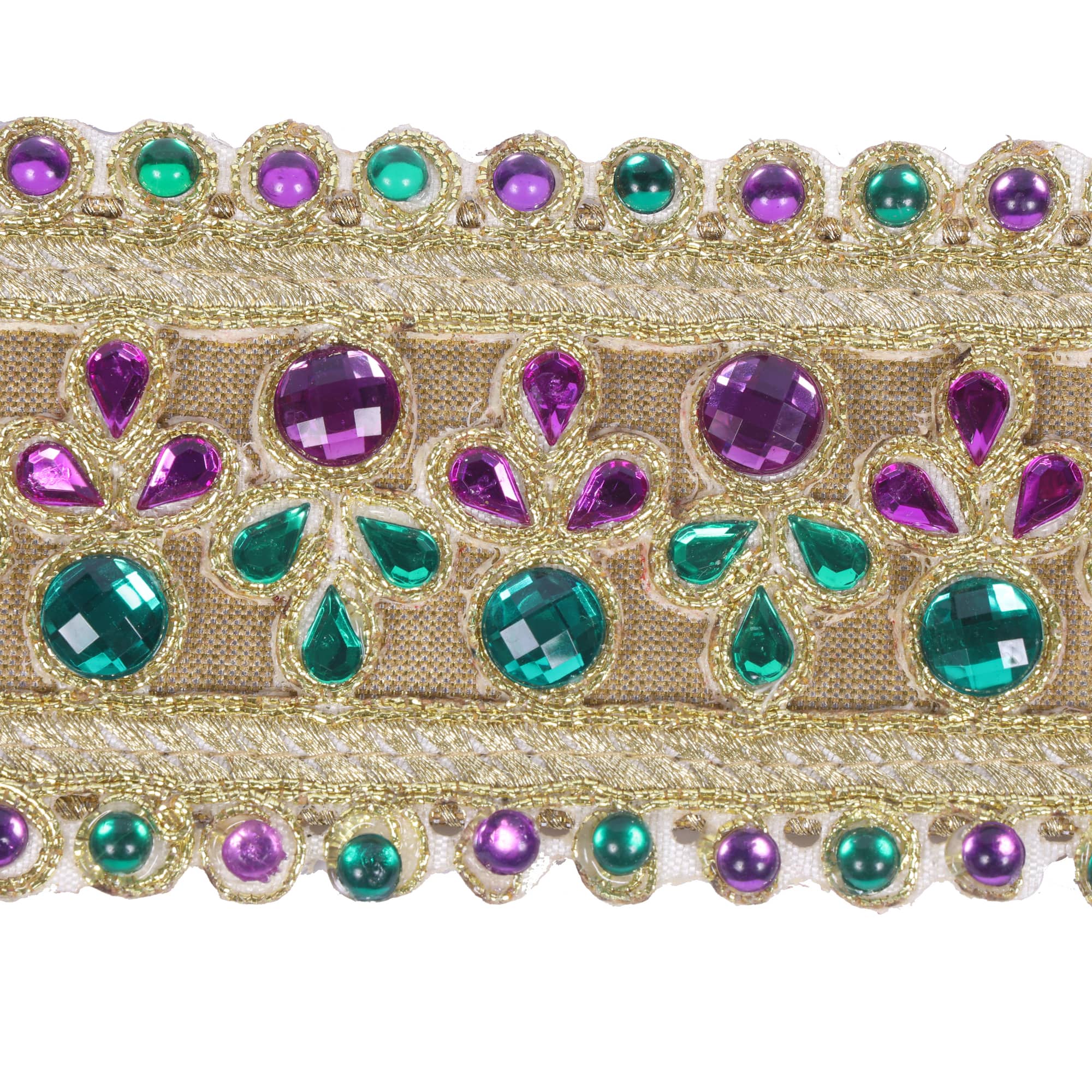 Vickerman 2.5" x 5yd. Gold Metallic Wired Ribbon with Purple & Green Mardi Gras Jewels
