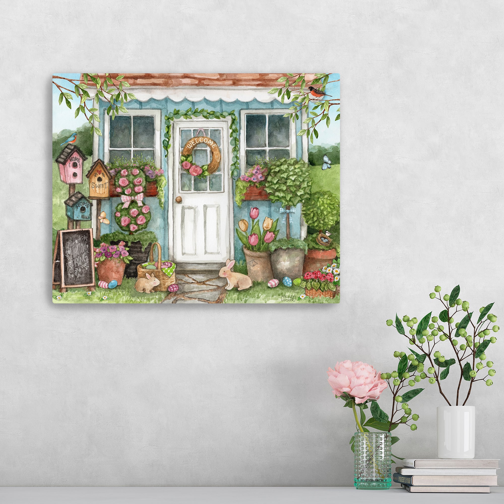 Lumaprints Blue Garden Shed Hello Spring Bunnies Canvas Giclée Art