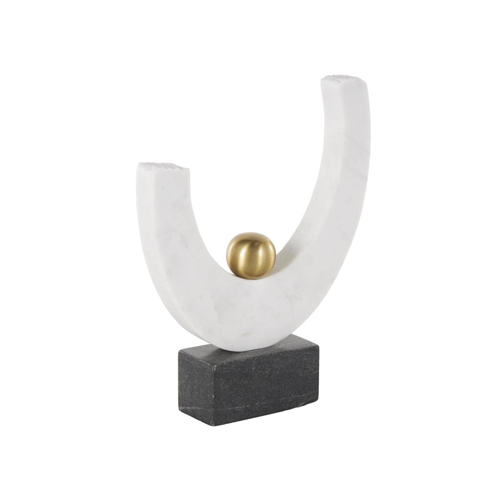 10.25" White Abstract Curved Semicircle Marble & Metal Sculpture with Gold Orb Accent