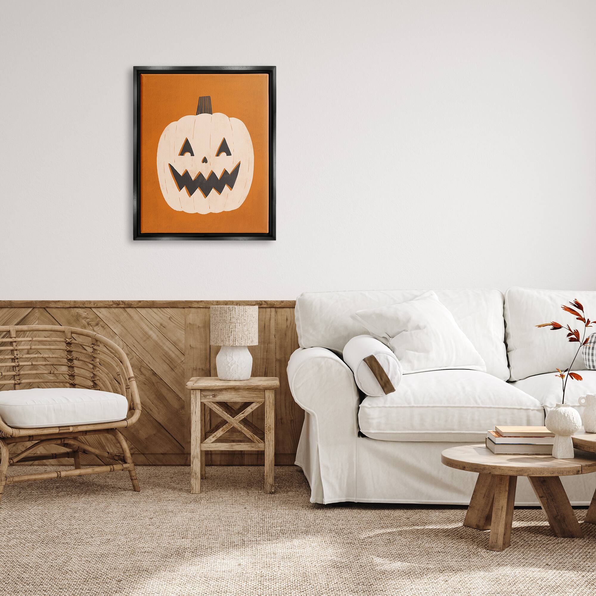 Stupell Industries Happy Jack-o-Lantern Halloween Pumpkin Framed Floater Canvas Wall Art