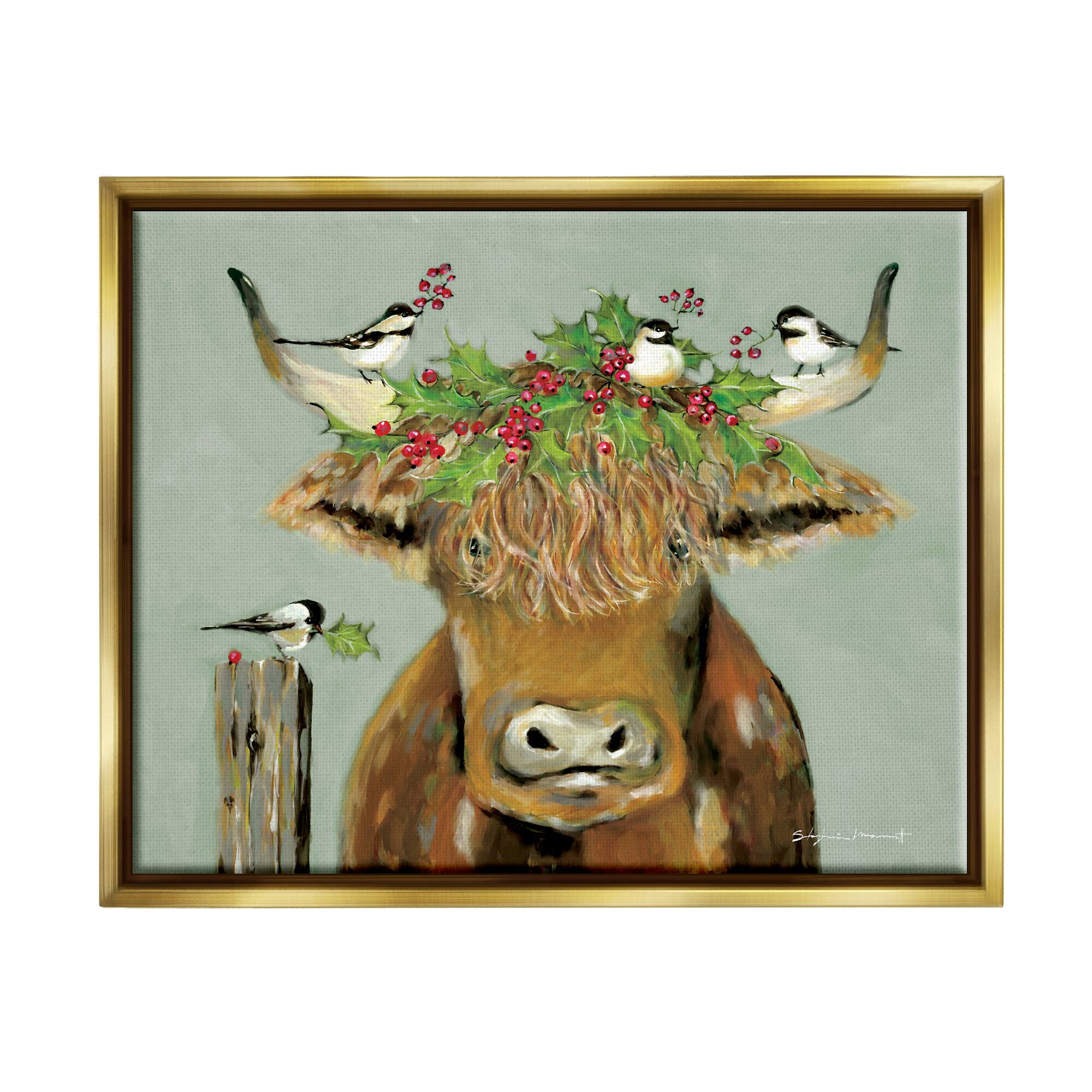 Stupell Industries Cattle & Birds Holiday Holly Framed Floater Canvas Wall Art