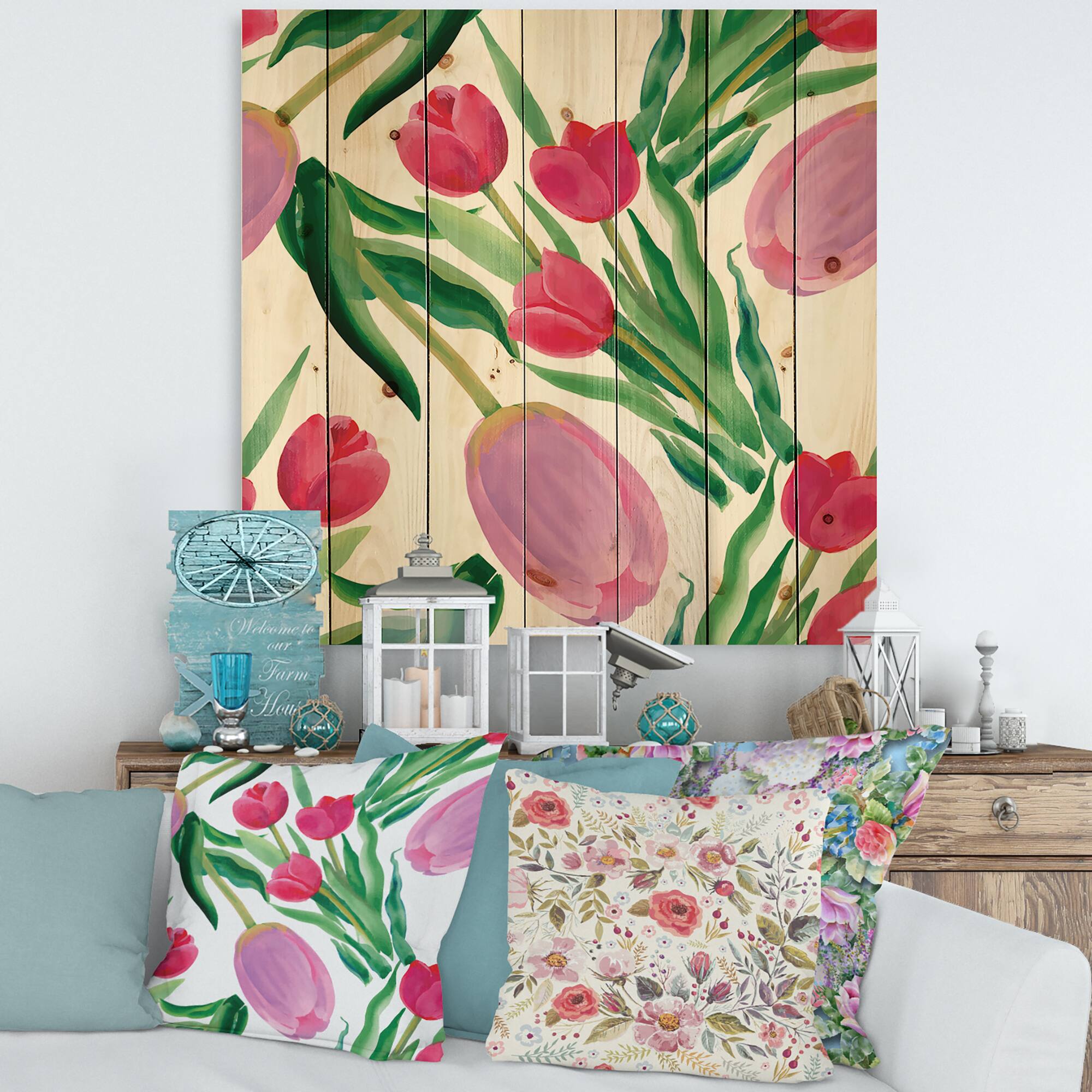 Designart - Blooming Beautiful Pink Tulips Flowers - Traditional Print on Natural Pine Wood