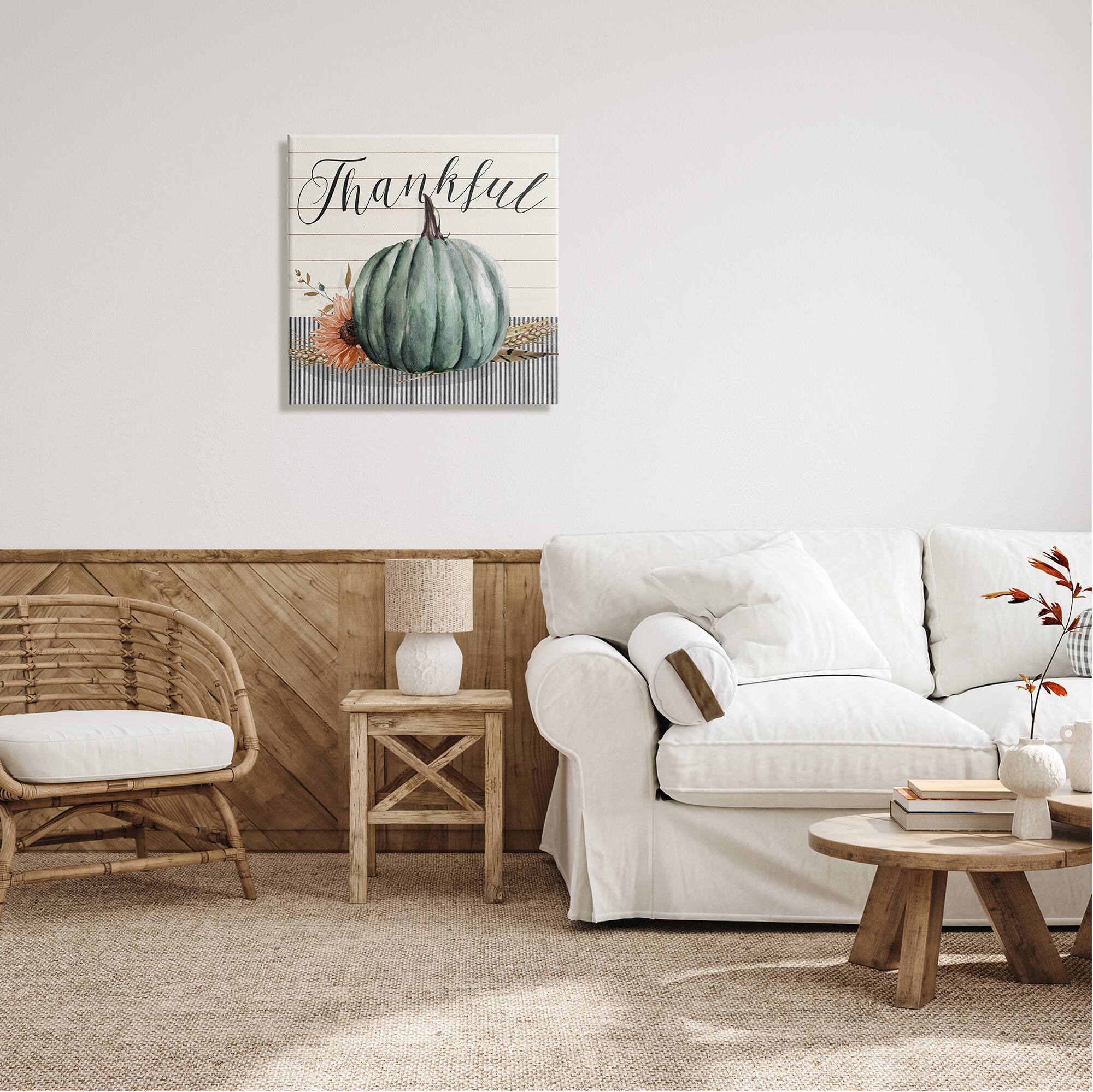 Stupell Industries Thankful Autumn Floral Pumpkin Canvas Wall Art