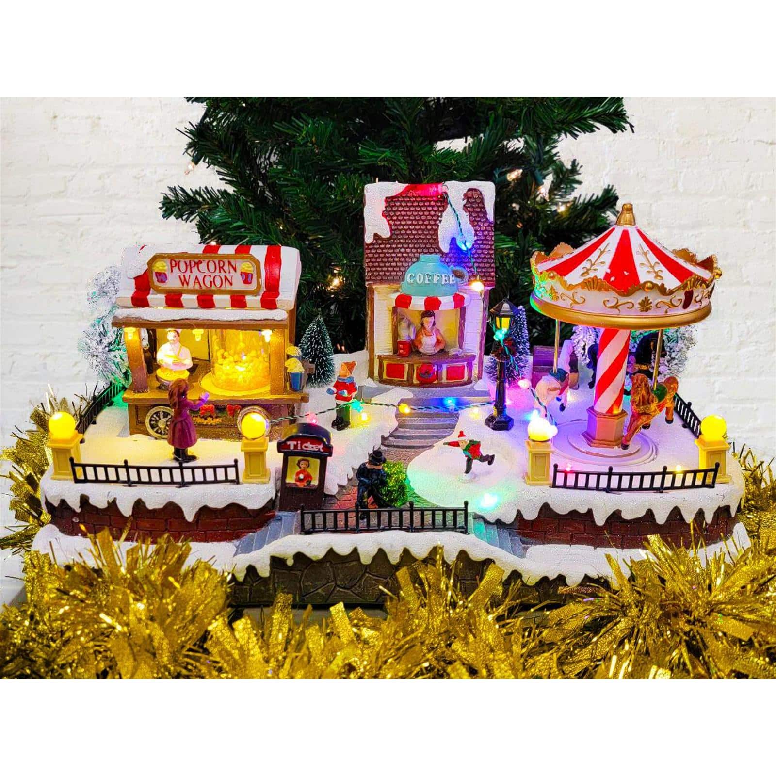 Wizardi 20" Christmas Village Popcorn Wagon, Coffee Shop & Carousel with LED Lights