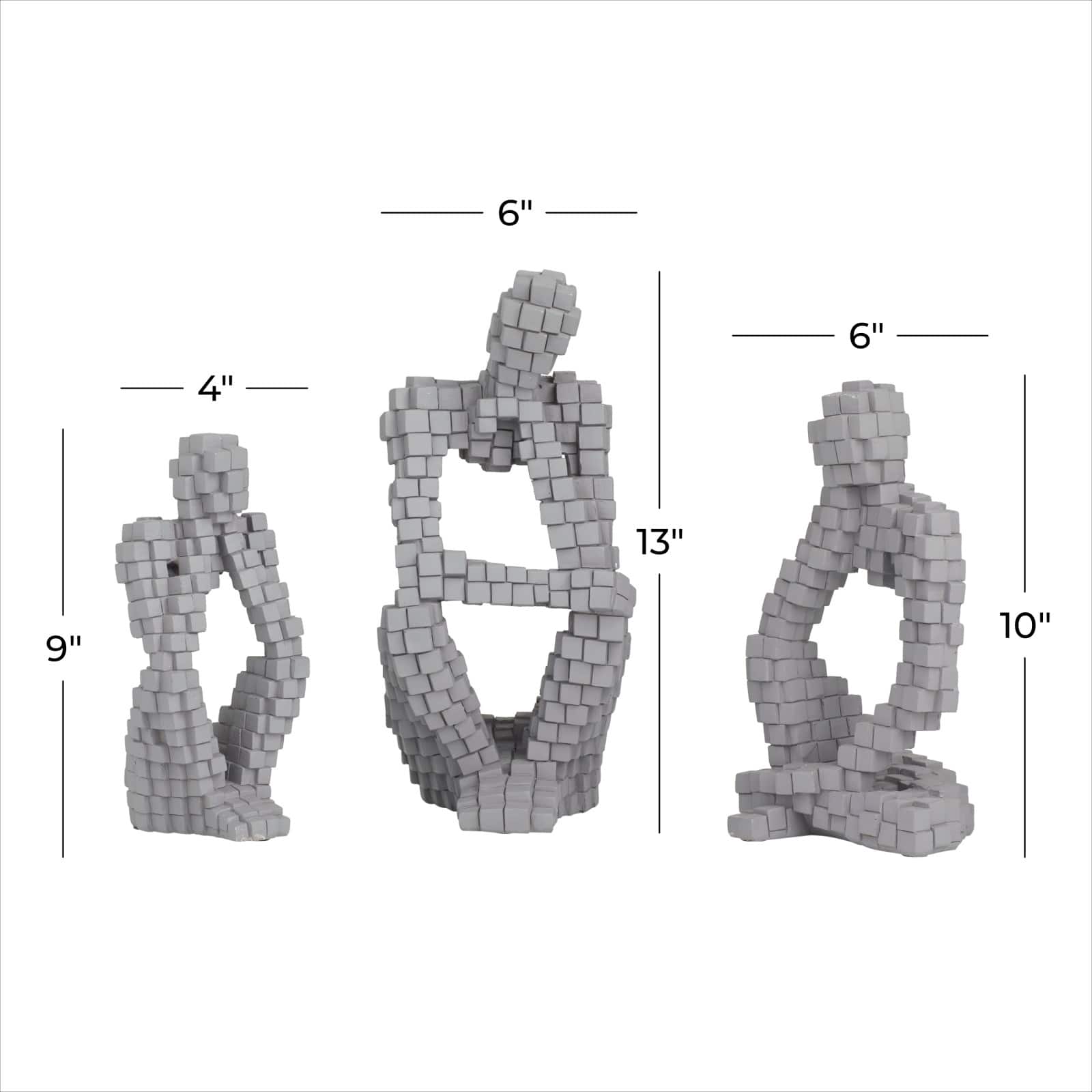 Set of 3 Grey Polystone Contemporary Sculptures, 13" x 6" x 6"