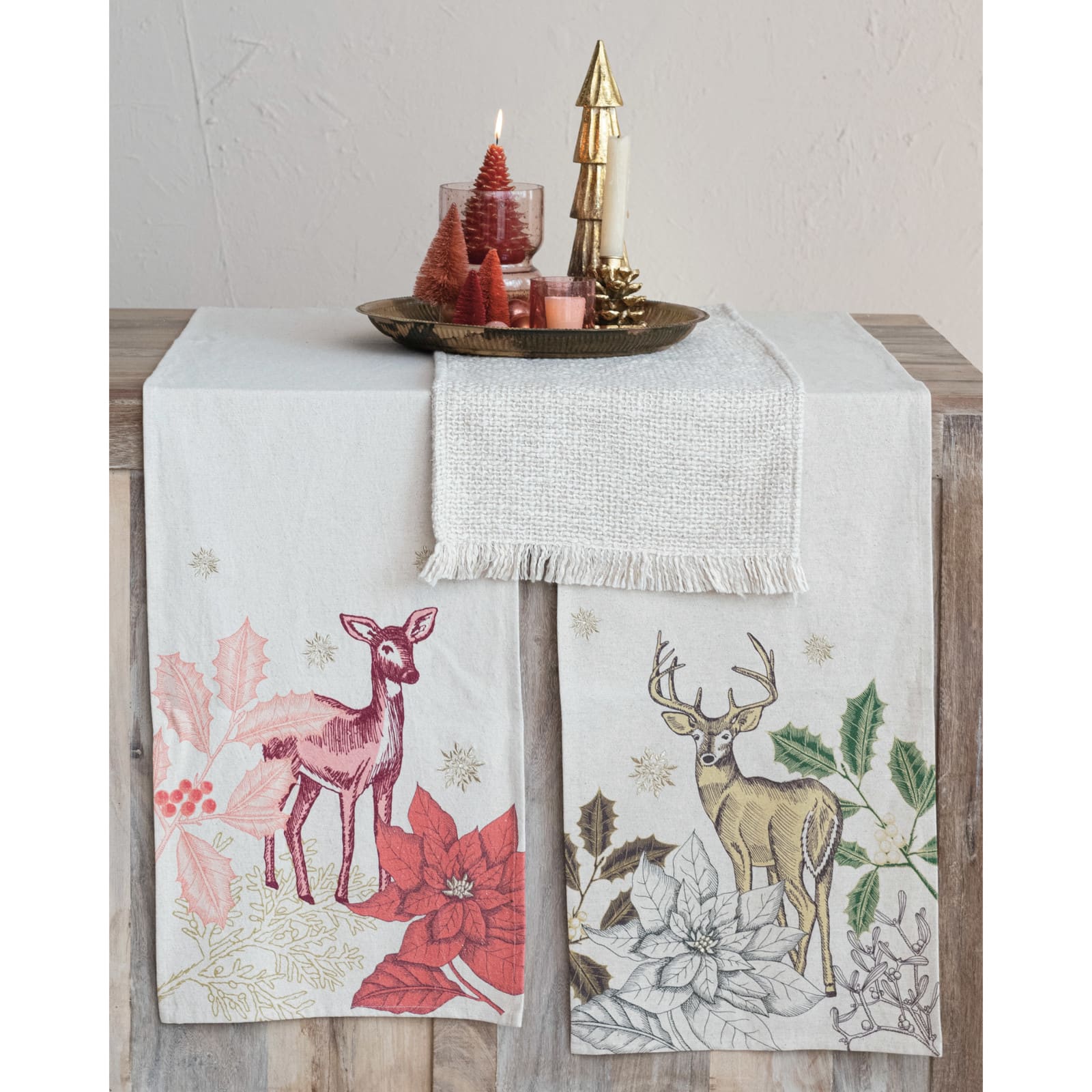 Hello Honey® 108" Natural Woven Cotton Table Runner with Metallic Gold Thread & Fringe