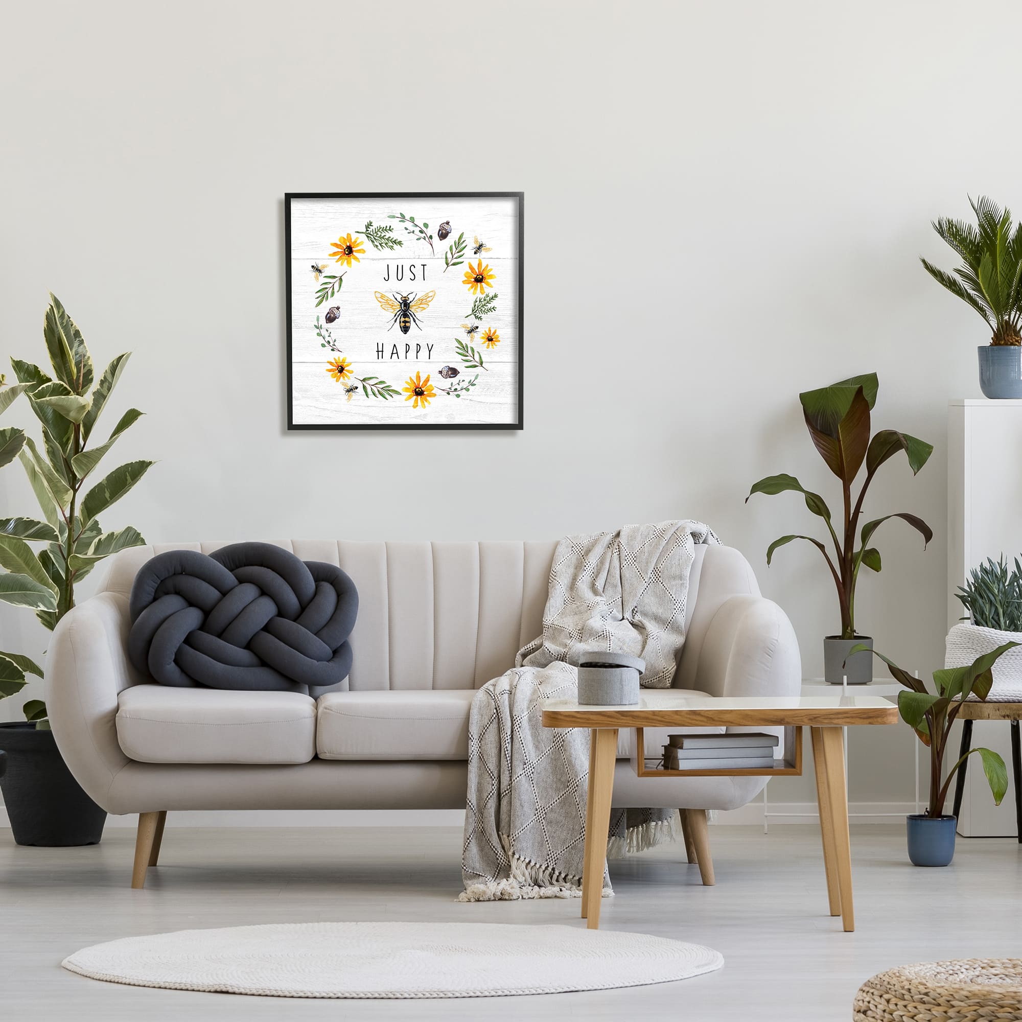 Stupell Industries Just Bee Happy Pun Phrase Yellow Daisy Wreath in Frame Wall Art