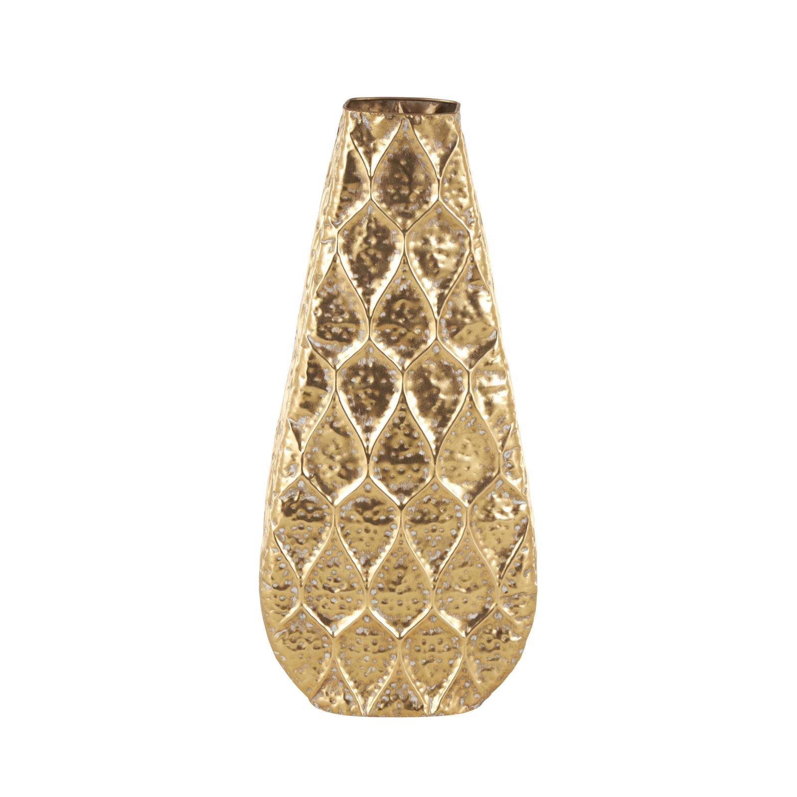 28" Gold Metal Vase with Peacock Inspired Design