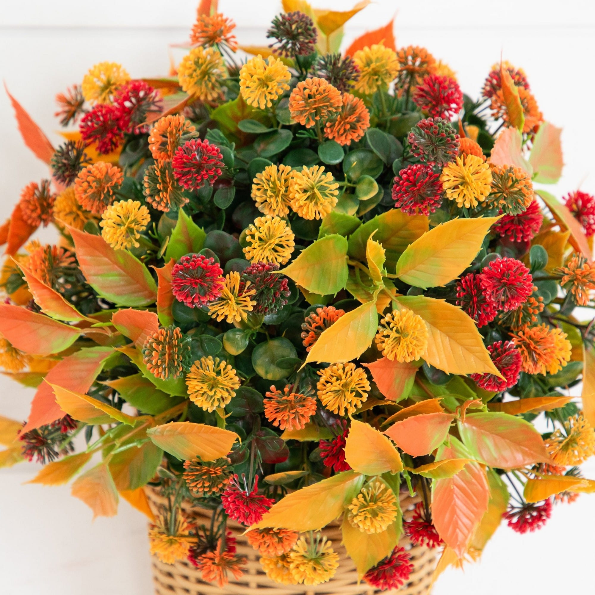 14" UV Resistant Autumn Artificial Mixed Fall Mum in Wicker Basket