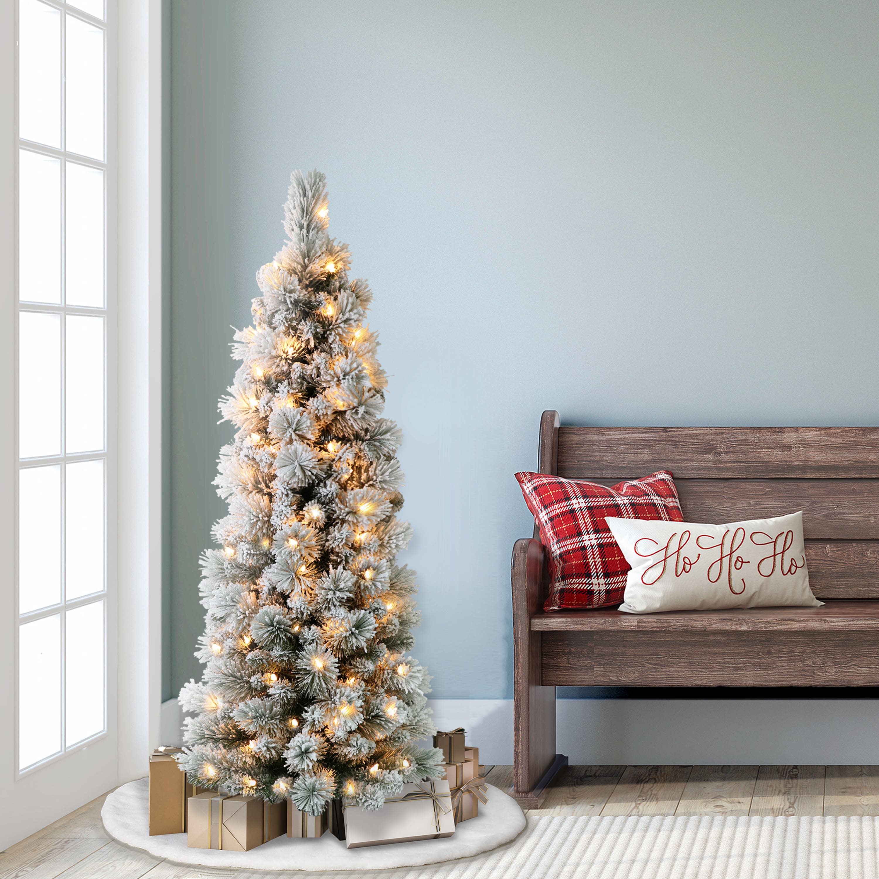 4.5ft. Pre-Lit Flocked Portland Pine Pencil Artificial Christmas Tree, Clear Lights