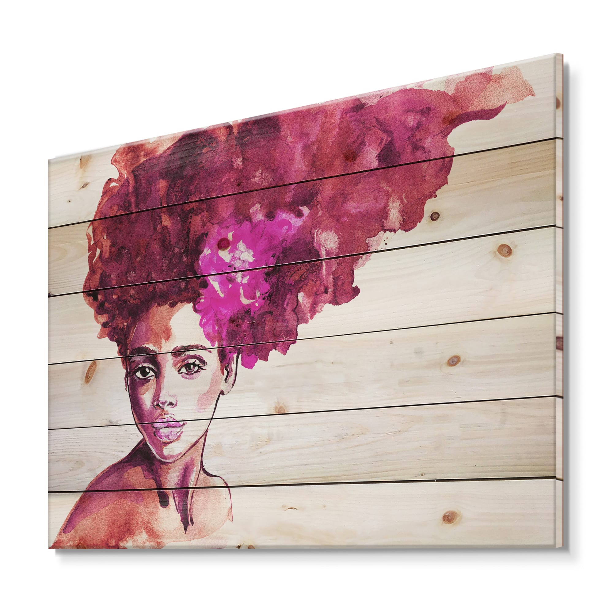 Designart - Portrait of African American Woman VI - Modern Print on Natural Pine Wood